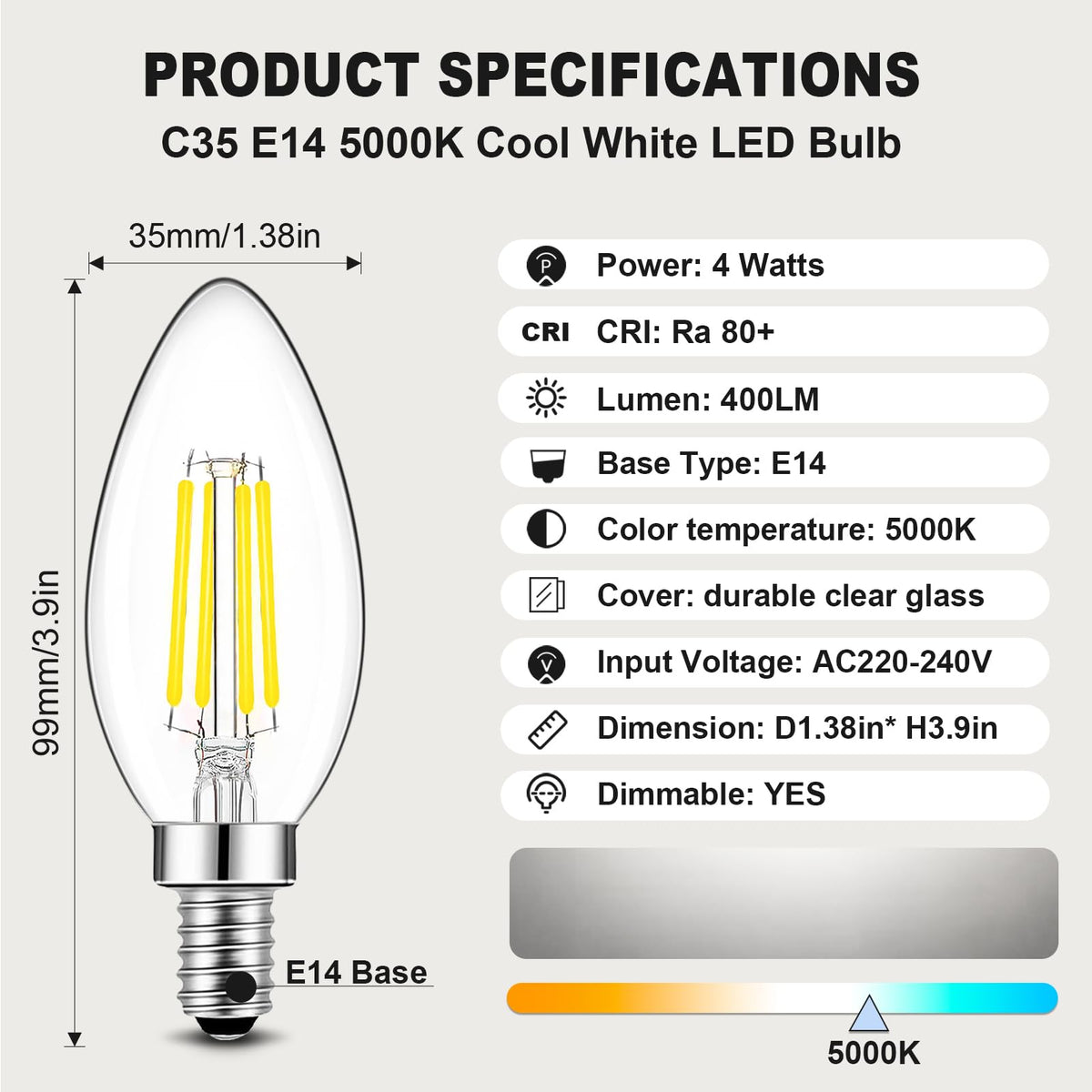 BRIMAX 5Pack E14 Bulb Cool White 5000K,Dimmable 4W Small Screw Light Bulb