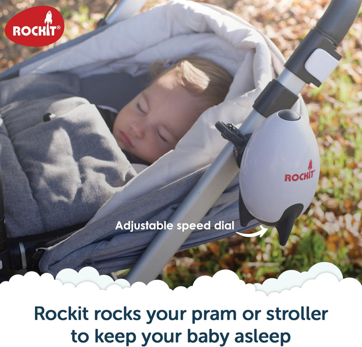 Rockit Rocker Rechargeable Pram Rocker - Baby Pushchair Rocking Device, Soothing Motion for Stroller or Buggy, Adjustable Speed, 60 Minute Timer, Universal Fit