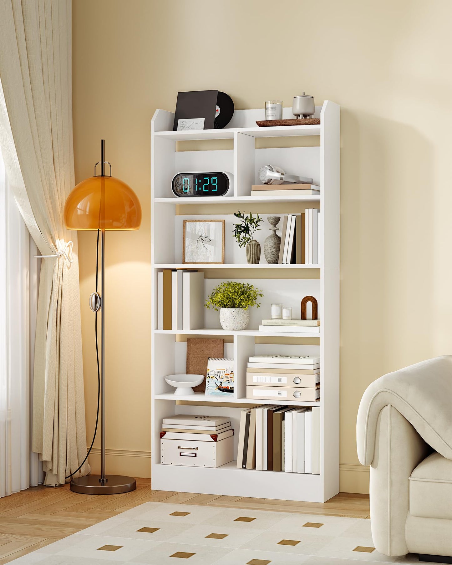 Hzuaneri 6-Tier Bookcase, Bookshelf with 8 Adjustable Storage Shelf Unit, White Bookcase for Living Room, Home Office, Bedroom, Study, 24 x 60 x 199 cm, White, BC11703X