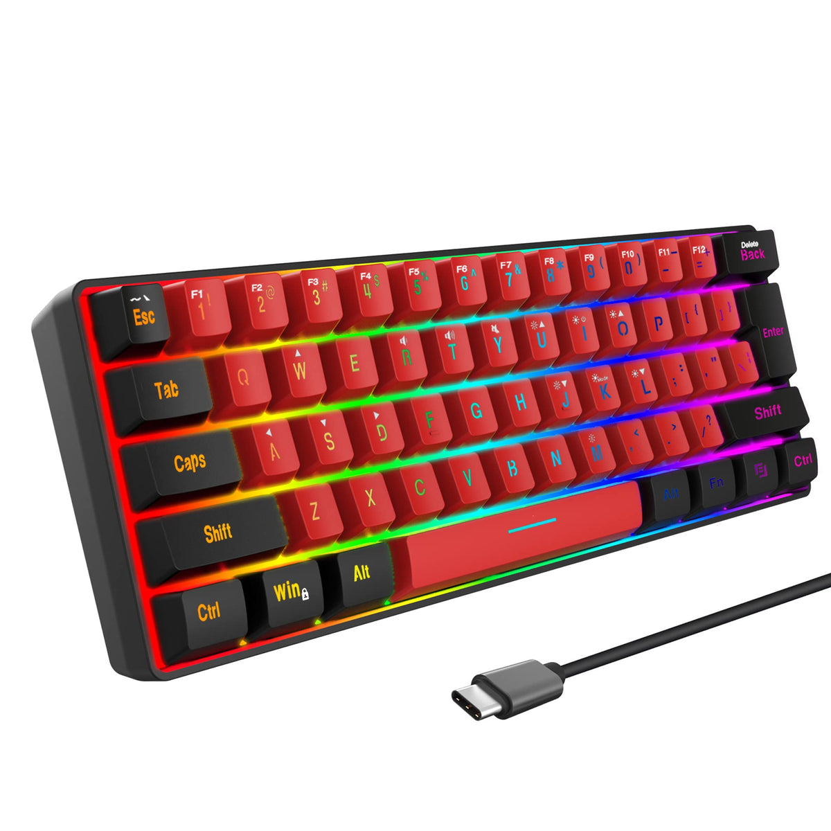 Snpurdiri Wired Mechanical Gaming Keyboard, 60% Size, LED Backlight, 61 Keys, Small Wired Office Keyboard for Windows Laptop/PC, Mac (Black-Red, Blue Switches)