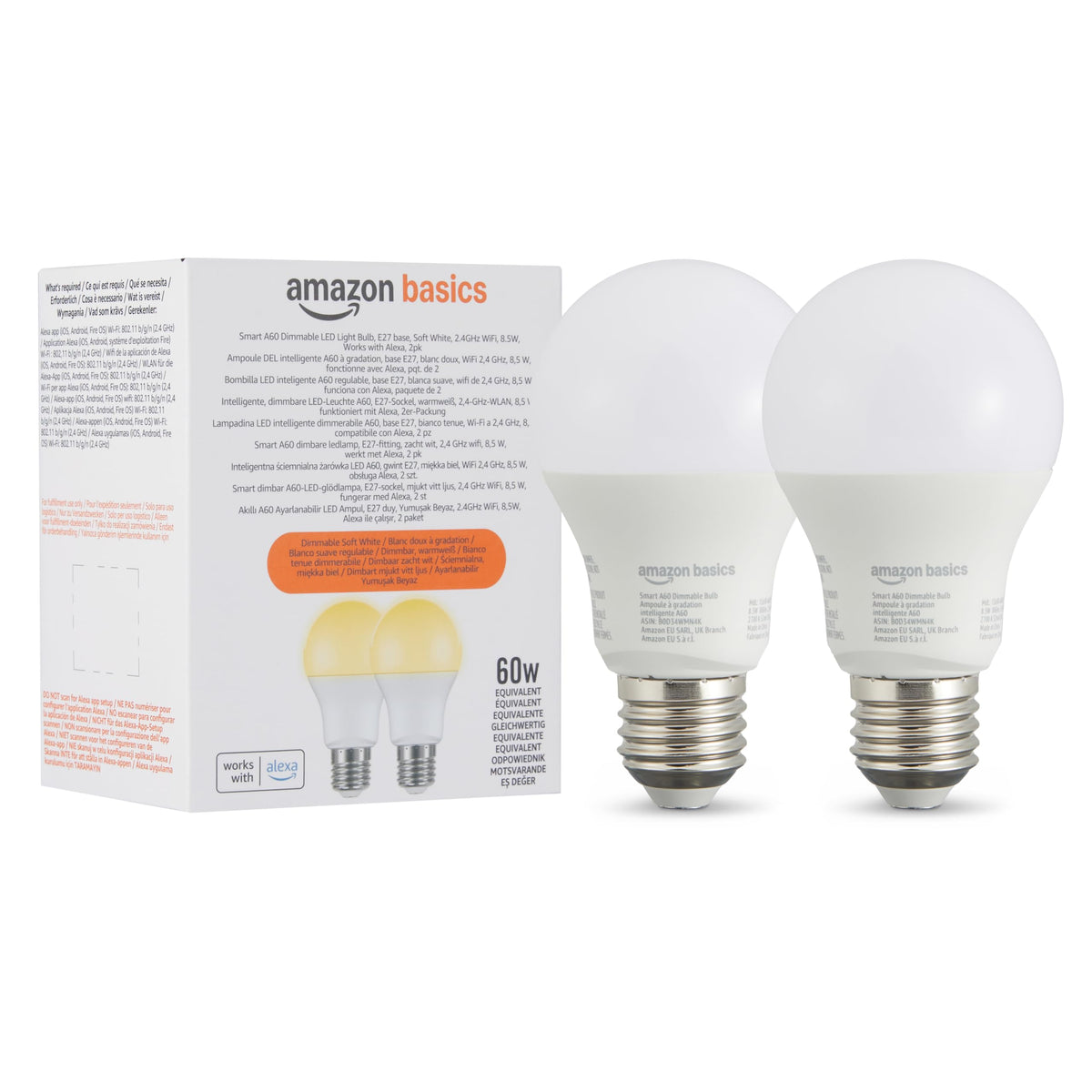 Amazon Basics Smart Dimmable LED Light Bulb, B22 Base, Soft White, 8W (60W Equivalent), Works with Alexa Only, 1 Pack