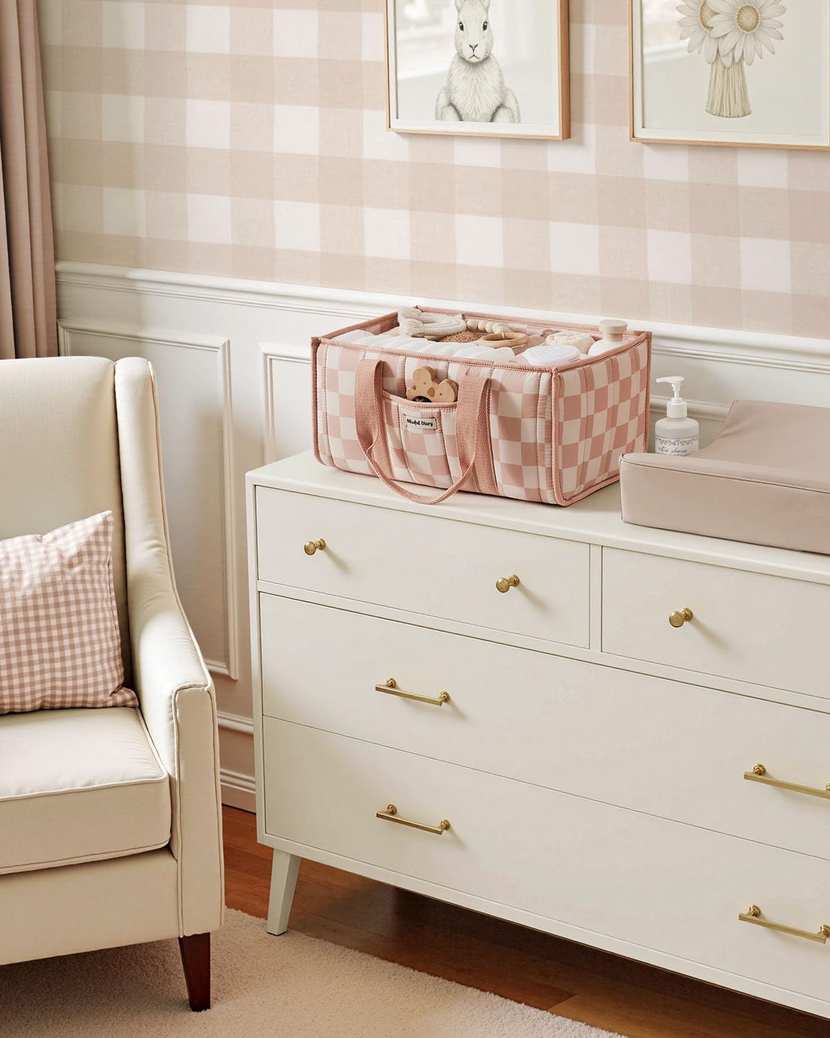 Blissful Diary Nappy Caddy Organiser, Baby Diaper Caddy for Nappy Station, Stylish Storage Basket for Newborn Essentials, Baby Shower Gifts for Girl or Boy, Woodland Cream