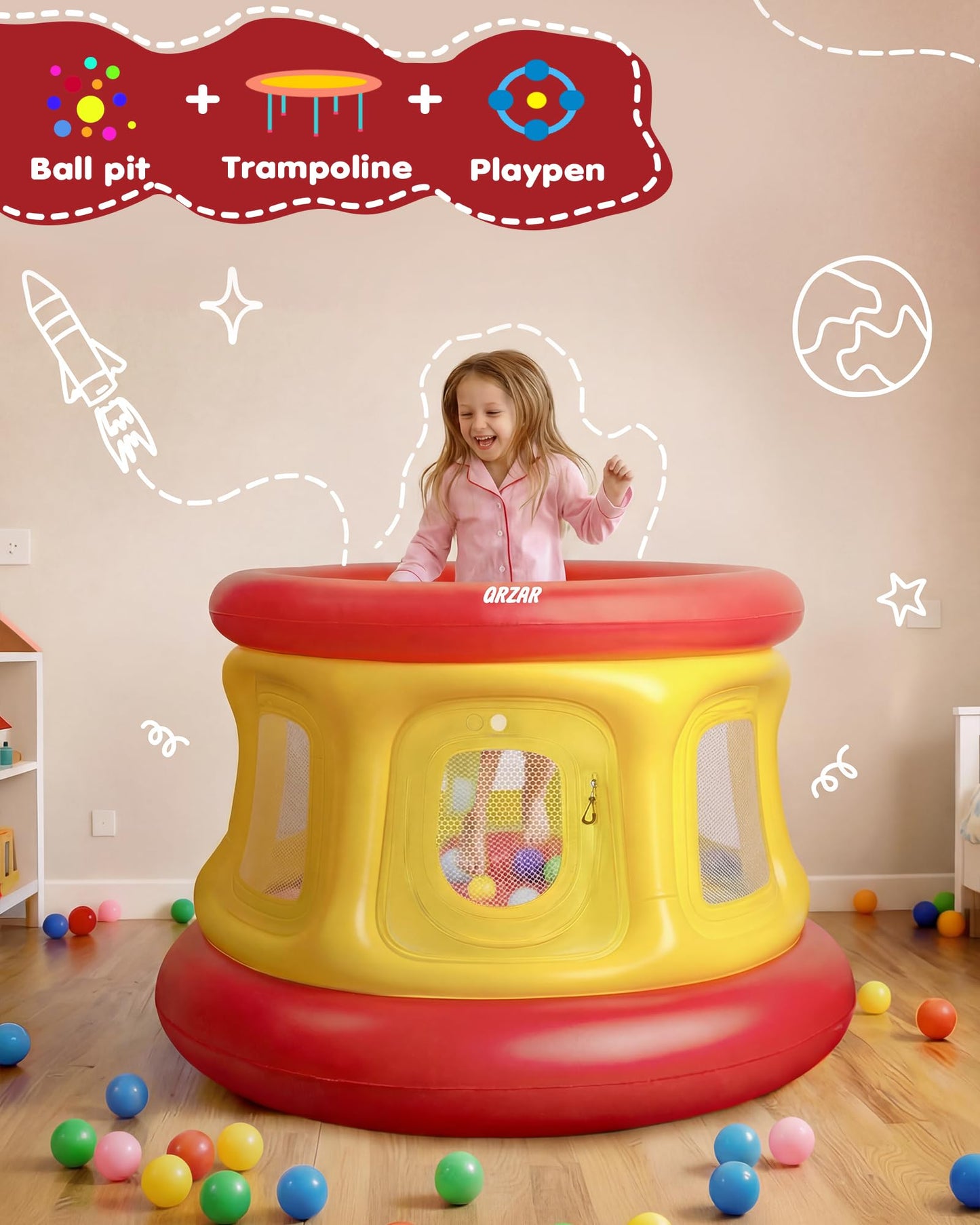3-in-1 Inflatable Bounce House for Toddlers Under 4, Beautiful & Safe Bouncer with Ball Pit & Trampoline, Indoor/Outdoor Play Yard with Air Pump
