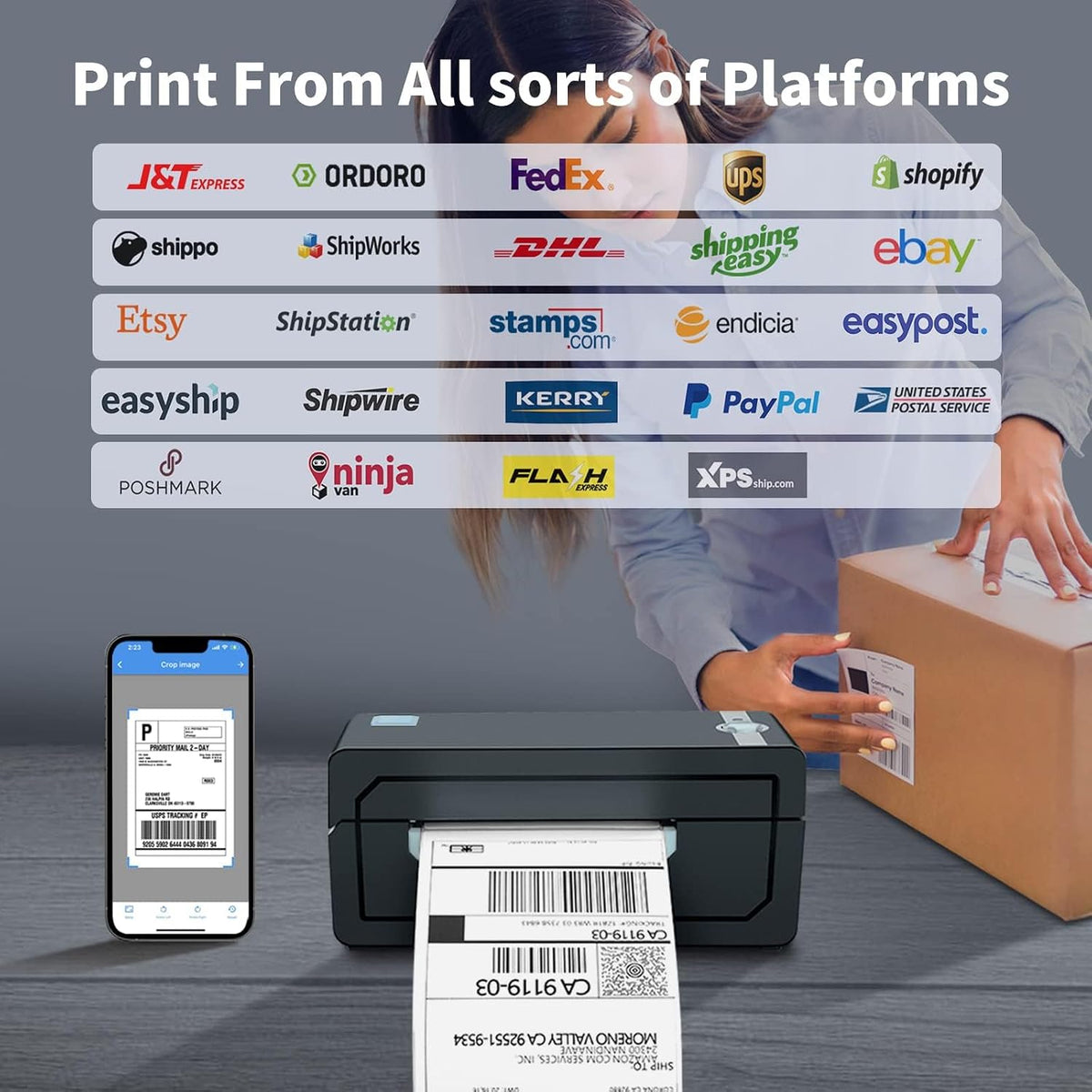 JADENS Bluetooth Thermal Label Printer, 4x6 Shipping Label Printer, 50 Labels Included, Compatible with Hermes, Royal Mail, DHL, DPD, Evri, Amazon, Shopify