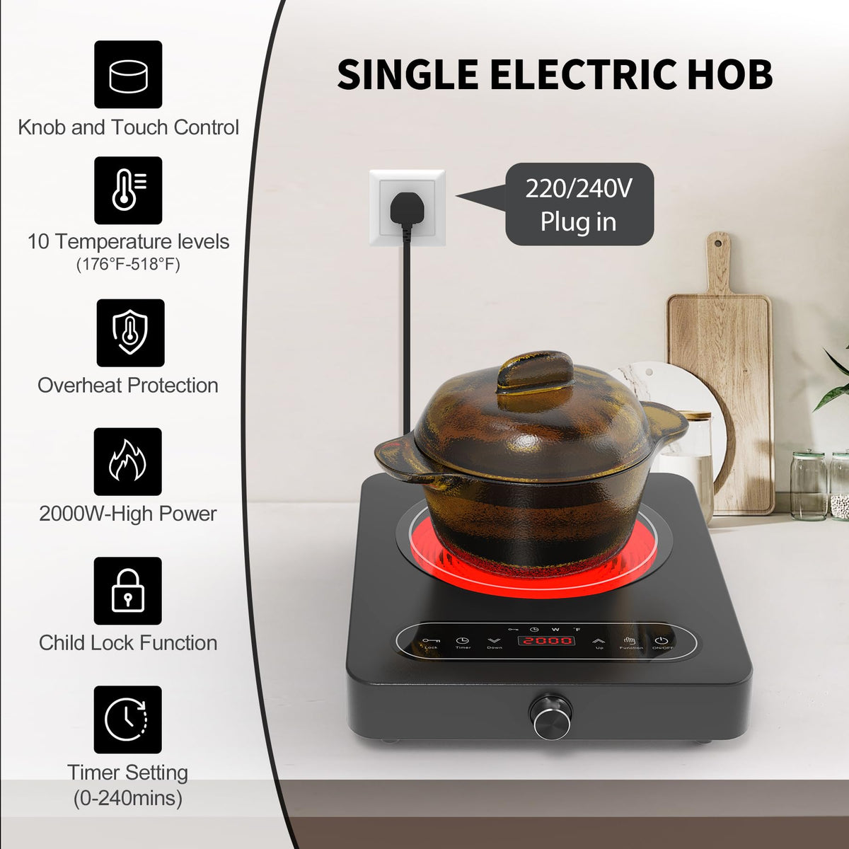 VBGK Double Induction Hob,220V 3600W 2 Ring Induction Hob with Knob Control,9 Power Levels, Kids Lock & Timer,LED Touch Control,Overheat Protection