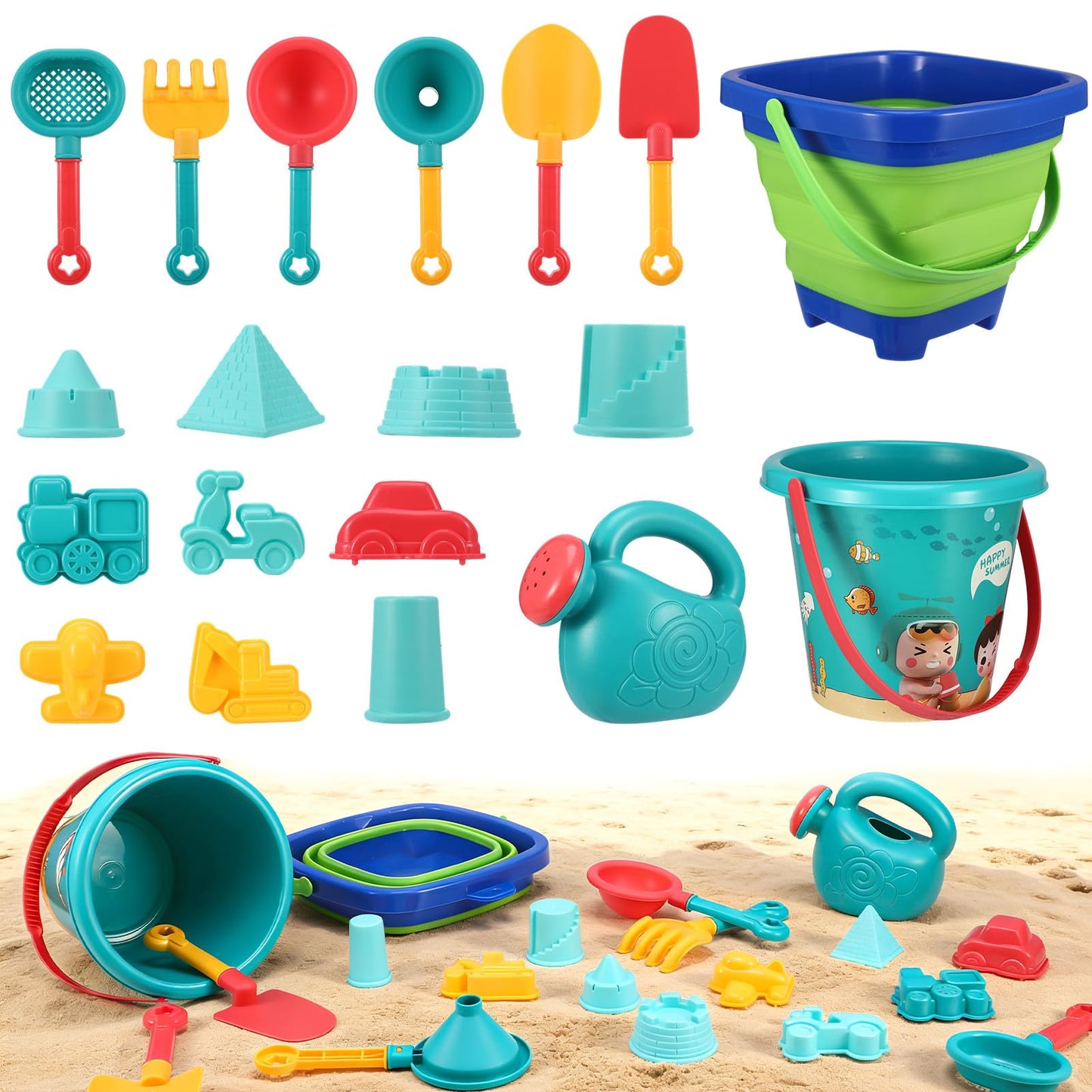 Beach Sand Toys Set, 19Pcs Sand Pit Toys With Collapsible Bucket and Spade Beach Set Kids Sand Sandpit Toys for Toddlers, Outdoor Fun Sand Toys for Boys Girls Toddlers Age 3 4 5 6 7 8
