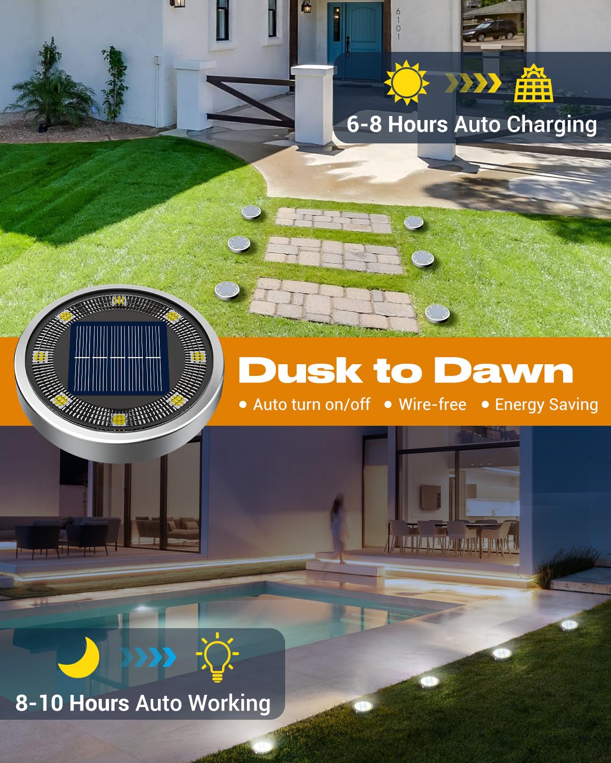 btfarm Solar Lights Outdoor Garden, 6 Pack 8 LED Solar Ground Disk Lights Outdoor IP65 Waterproof for Garden Pathway Lawn Patio Yard Landscape (Blue)