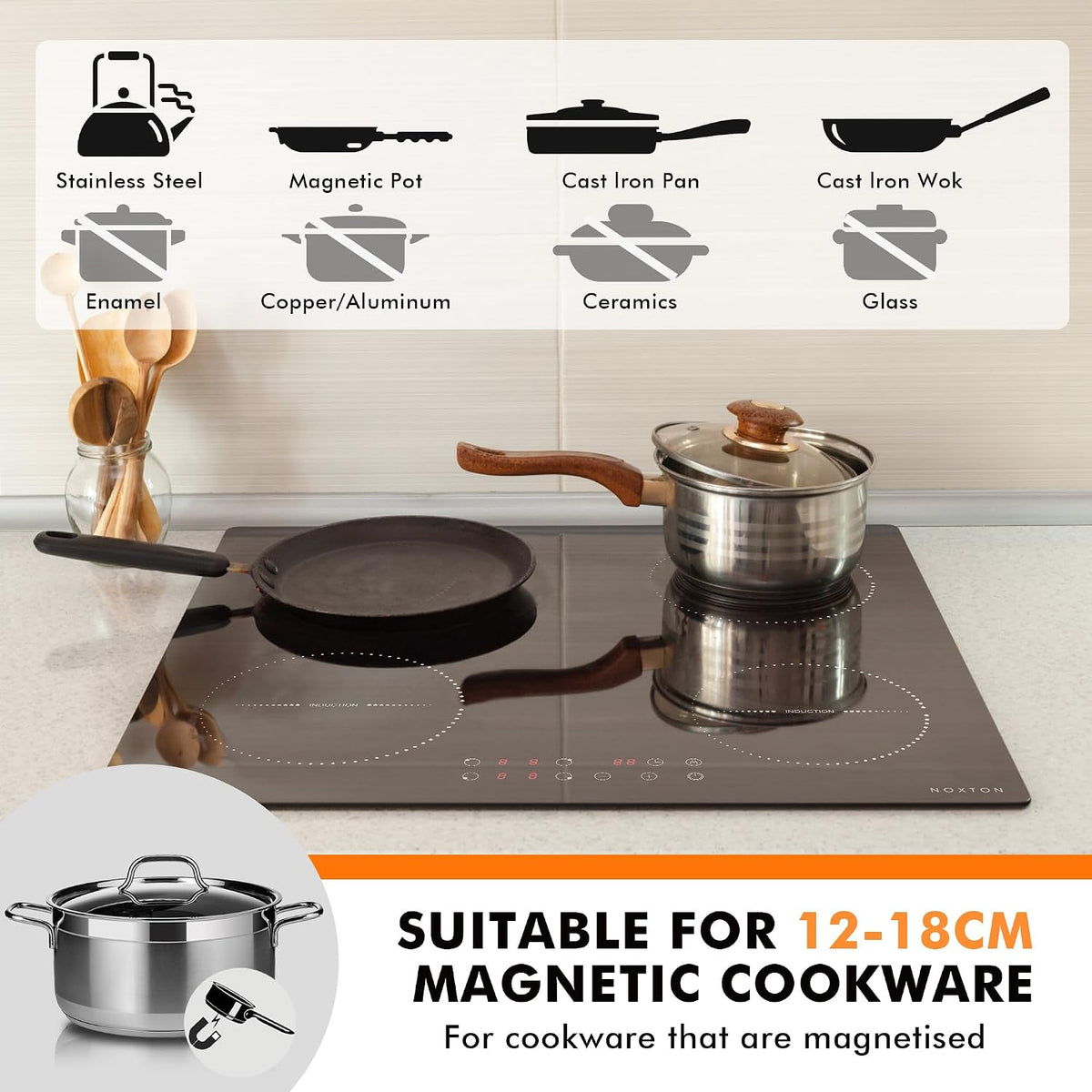 Noxton Plug in Induction Hob, 4 Zones Electric Hob 60cm, Touch Control with Child Safety Lock,UP to 99 Min Timer Black Crystal Glass