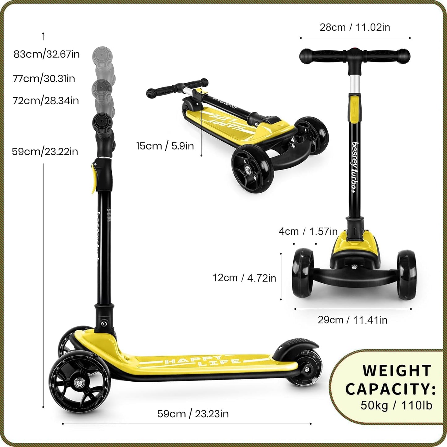 besrey 3-Wheel Toddler Scooter with Lean-to-Steer — Foldable, Anti-Slip Deck | Max 50 kg