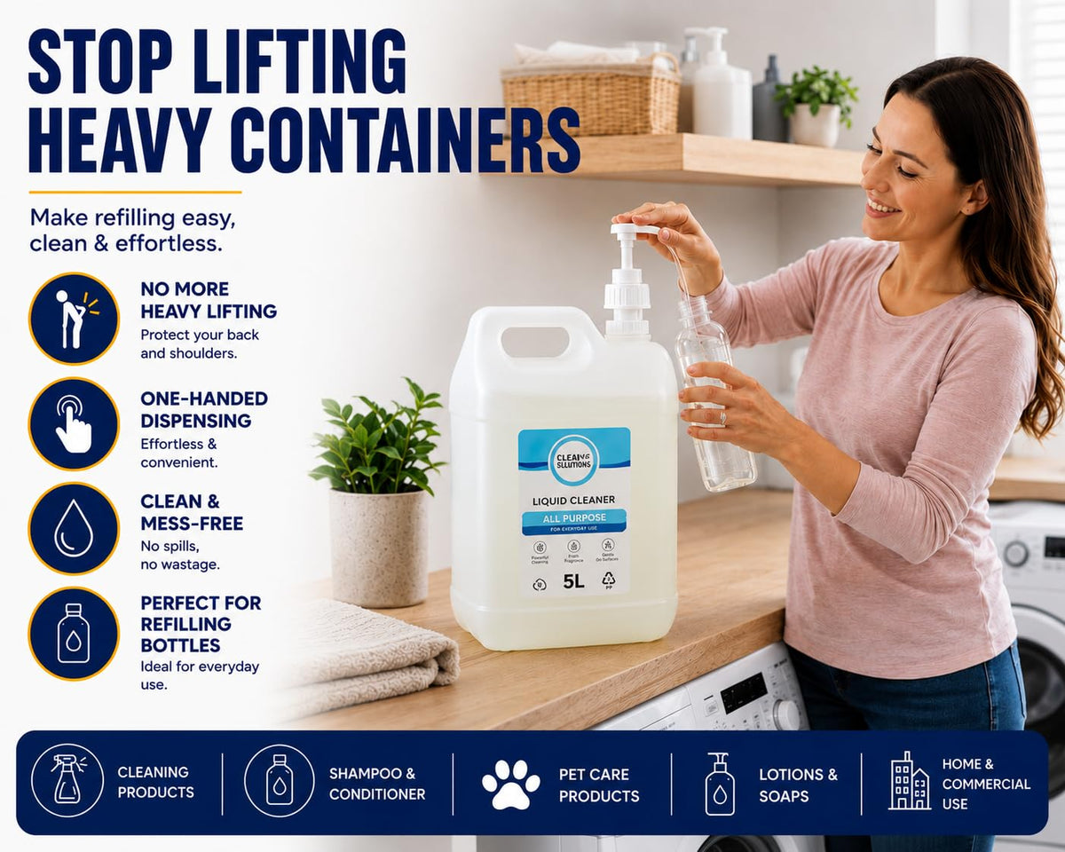 5 Litre Pump Dispenser for 5 Litre Container - 38mm Screw Top with 23cm Tube, 4ml Dose Push Down Pelican Pump for Shampoo, Soap, Syrup & Cleaning Liquids, Accurate & Durable Dispenser (3 PACK)