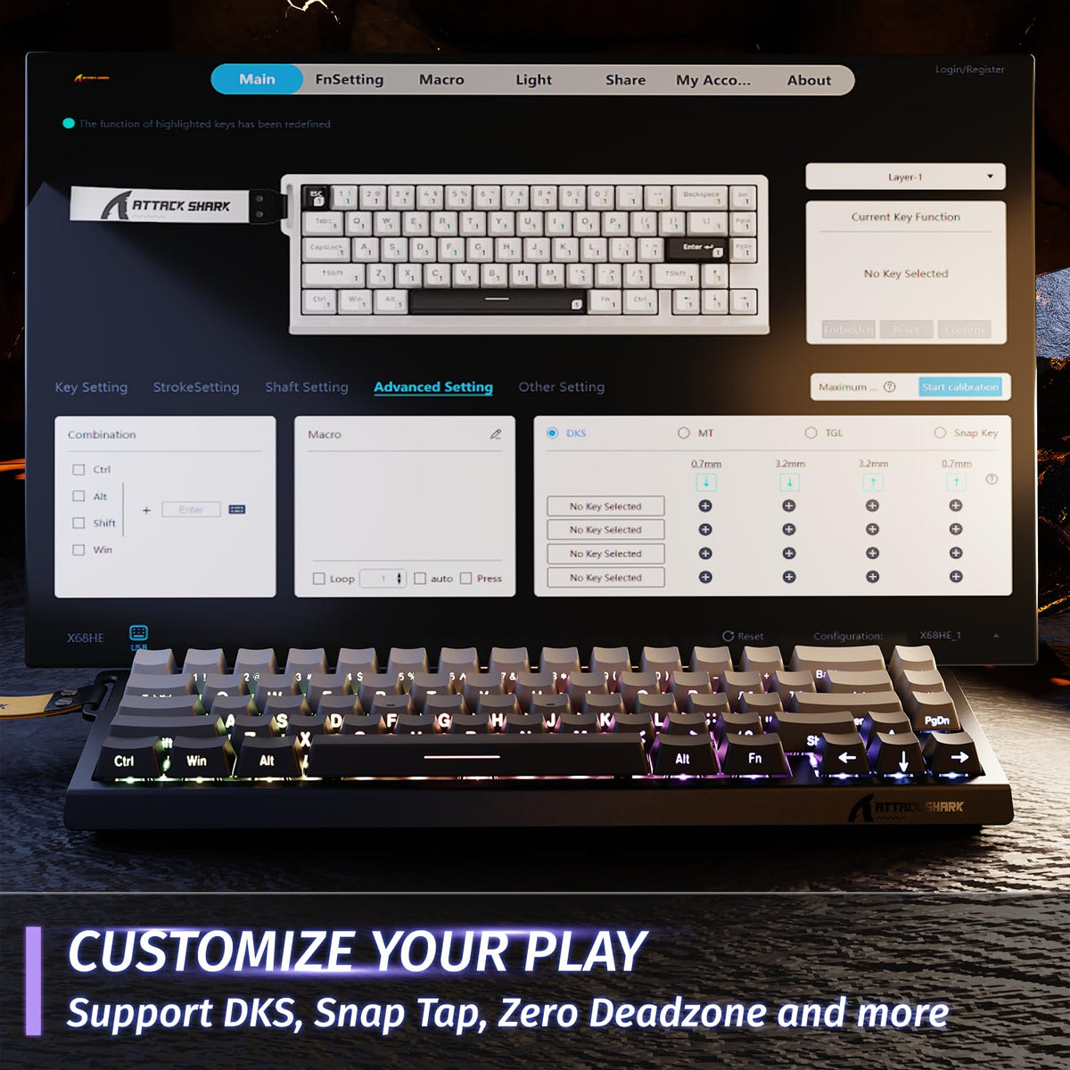 ATTACK SHARK X68 HE 8000Hz Rapid Trigger Keyboard, 0.01mm RT Accuracy Wired Gaming Keyboard with Magnetic Switch, Adjustable Actuation, Rapid Trigger, Snap Tap, RGB Lighting for PC/Mac, Black