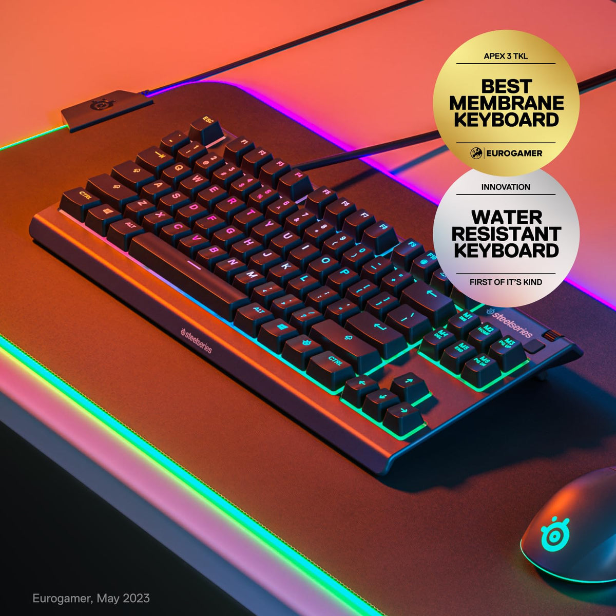 SteelSeries Apex 3 TKL Gaming Keyboard - Silent Keyboard, Tenkeyless PC Keyboard - 8-Zone RGB Illumination - IP32 Water & Dust Resistant - English QWERTY Layout, Black