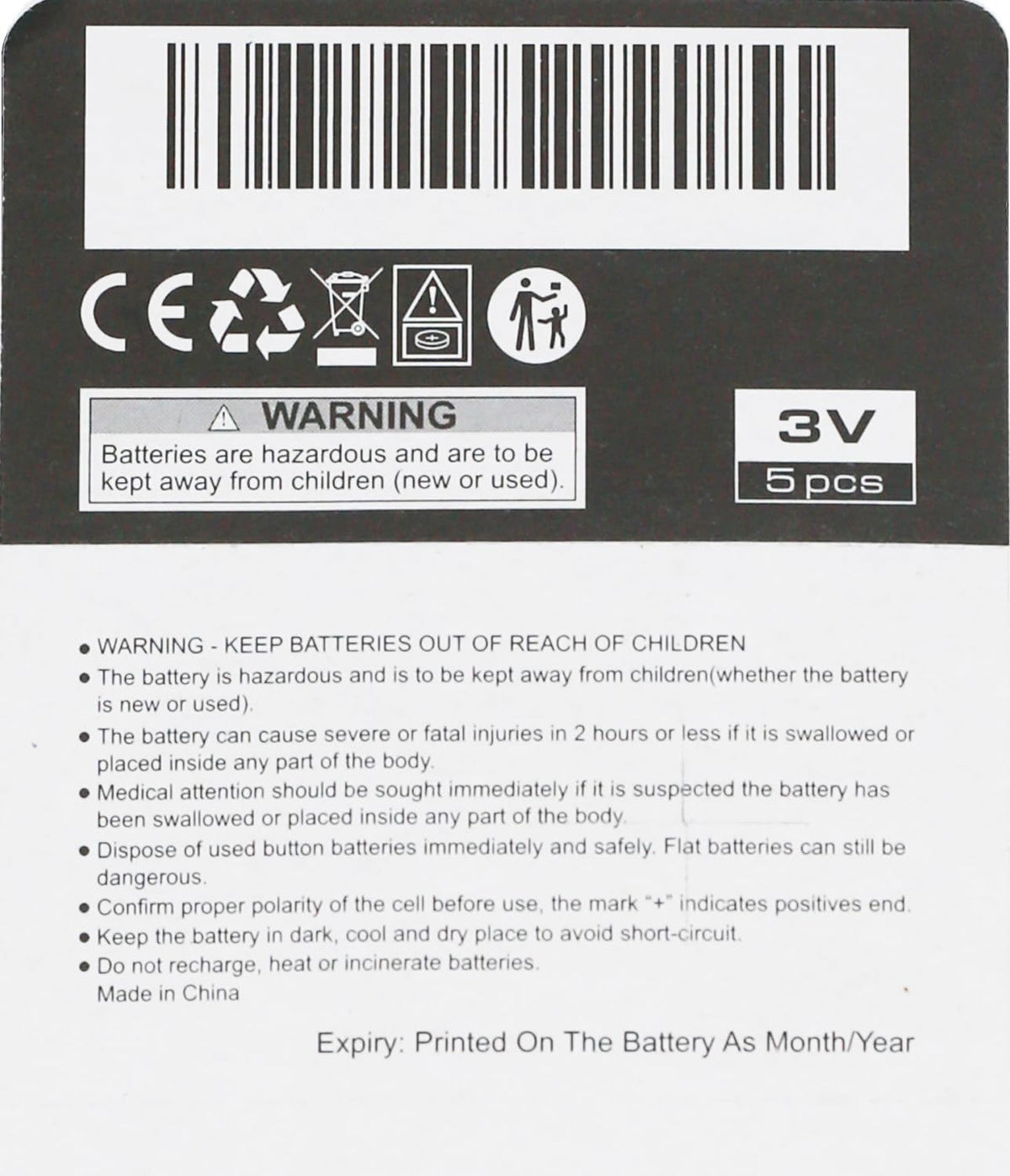 Warriors 5X CR2032 Batteries, 3V 240mAh Lithium Coin Batteries
