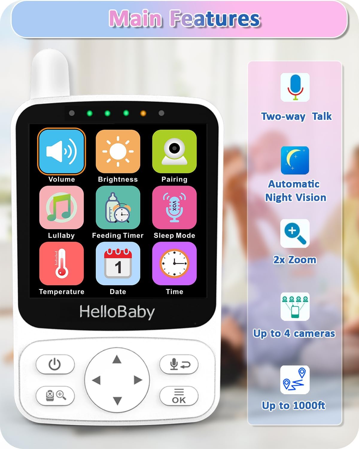 HelloBaby Baby Monitor,29-Hour Battery Life,Upgrade Baby Monitor with Camera and Night Vision,No Wifi,355°/120° Remote Pan Tilt Camera 2x Zoom, ECO Mode,2-way talk,Up to 1000ft,Temperature
