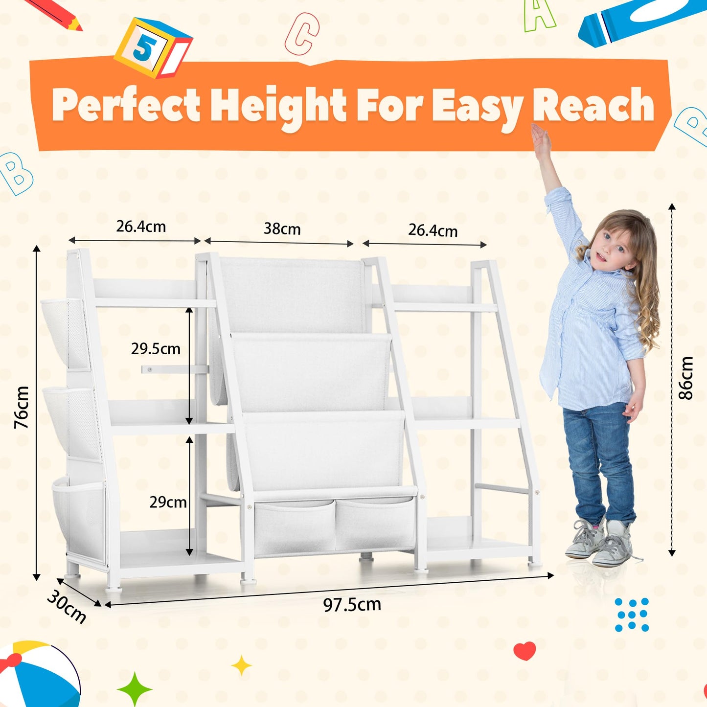 GoTiling Kids Bookshelf and Toy Storage Organizer: 3-Tier Sling Book Shelf with 3 Side Pockets for Kids Room - Toy Storage Organizer with 2 Fabric Drawers for Nursery, Bedroom, Playroom