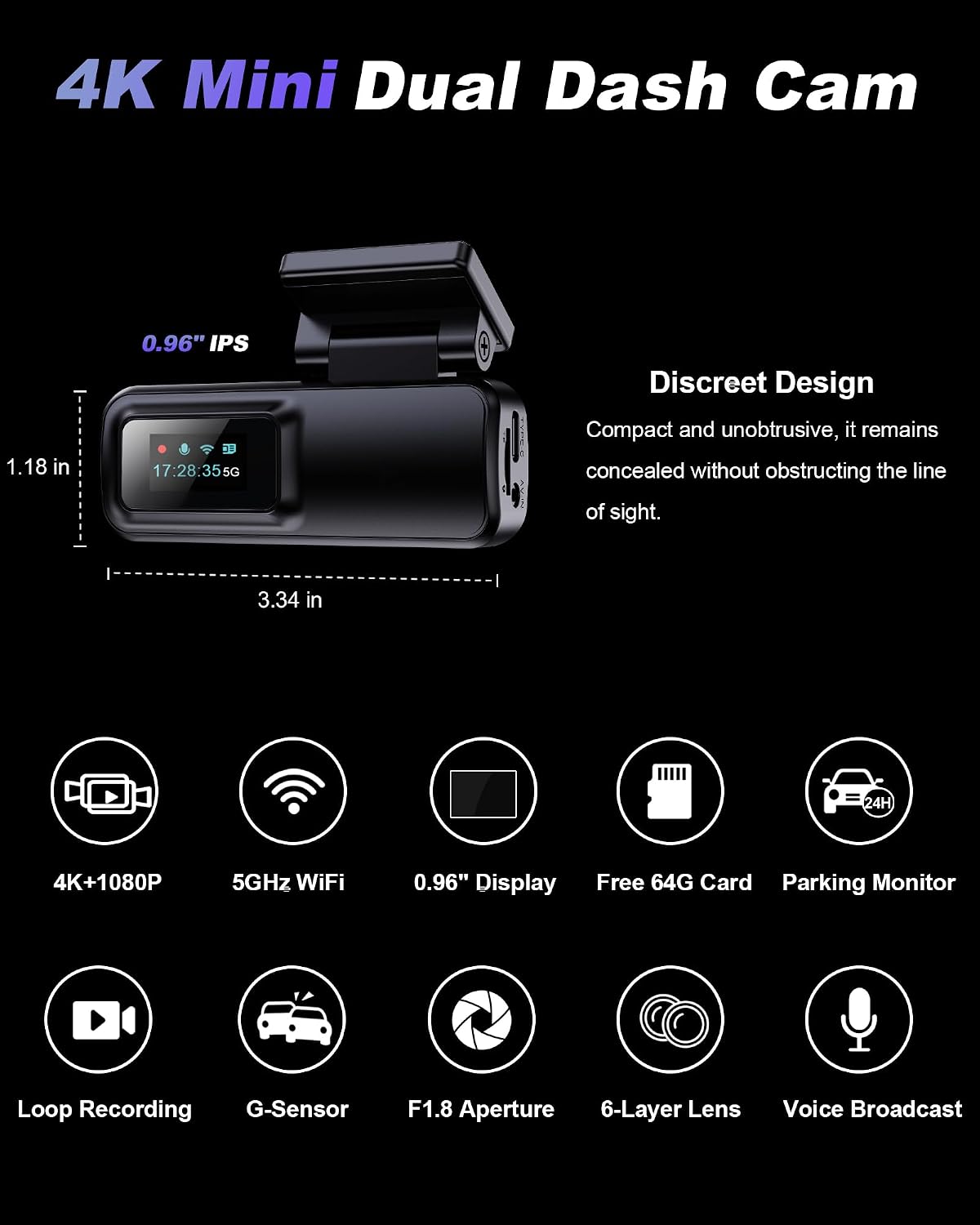 Dash Cam Front and Rear 4K 1080P, 64GB Card Included, 24H Parking Mode