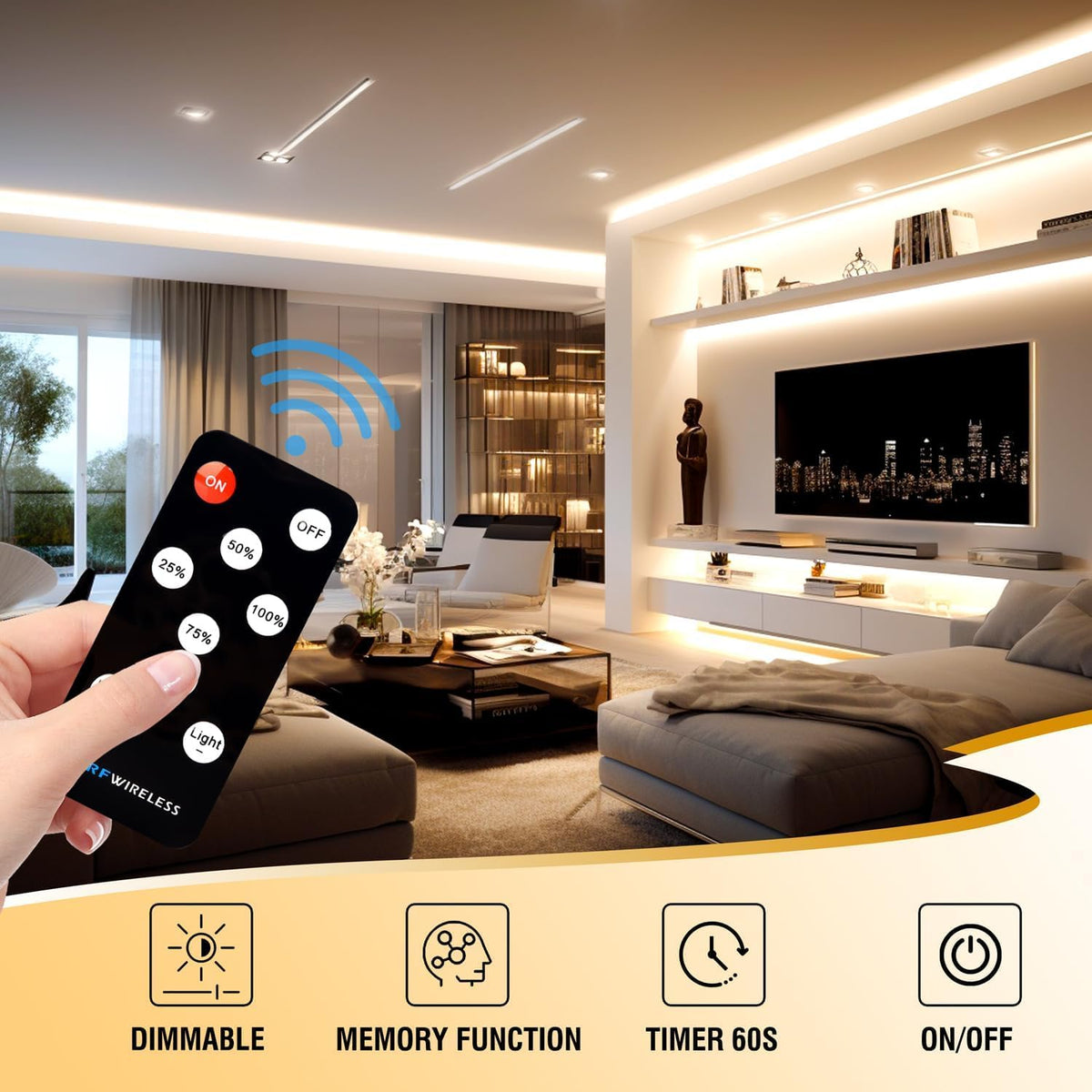 COB LED Strip 7.5m Warm White, 3000K, 24V, Remote Control, 8mm Wide