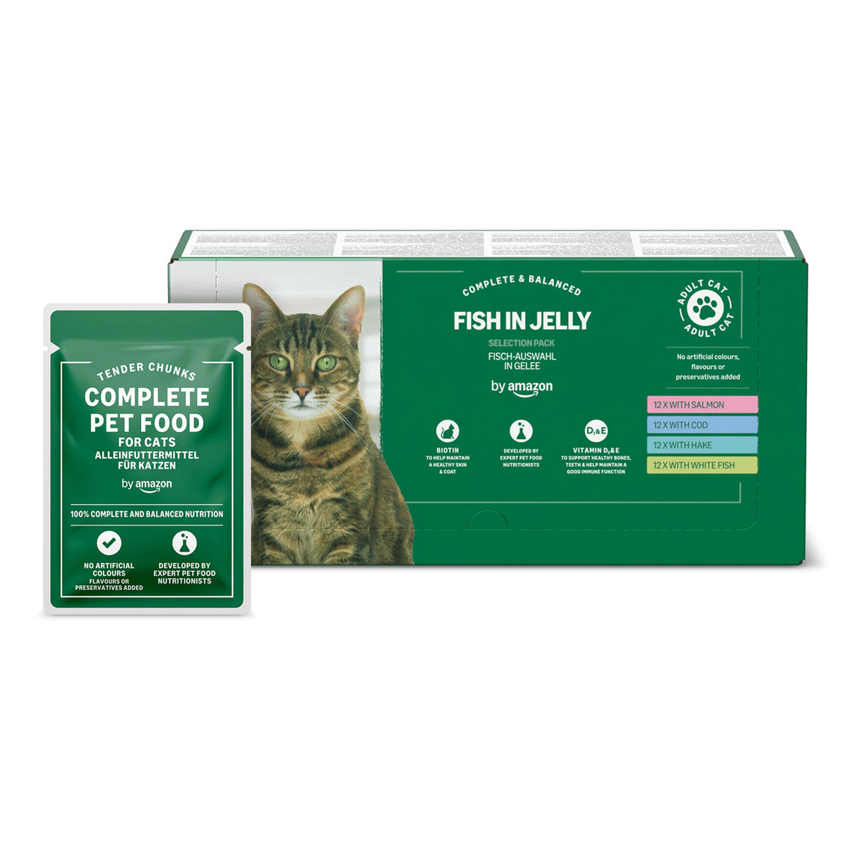 by Amazon Grain-Free Complete Wet Food for Adult Cats, Mixed Selection In Jelly, 4.8 kg (48 pouches of 100g)