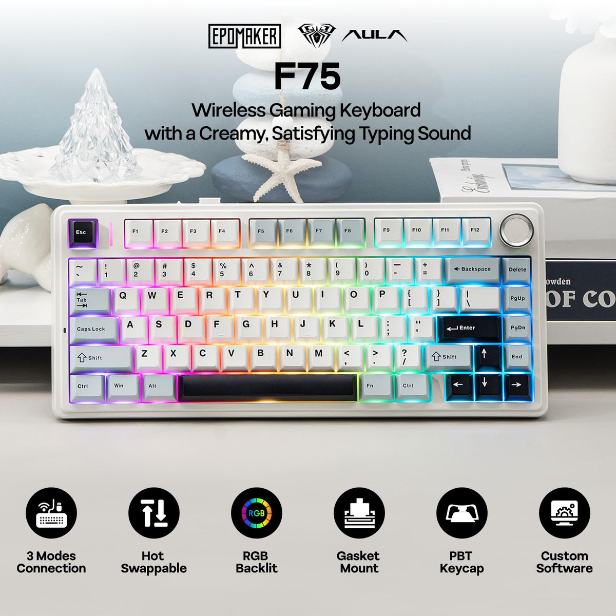 EPOMAKER AULA F75 Wireless Mechanical Gaming Keyboard, 75% Layout with Knob