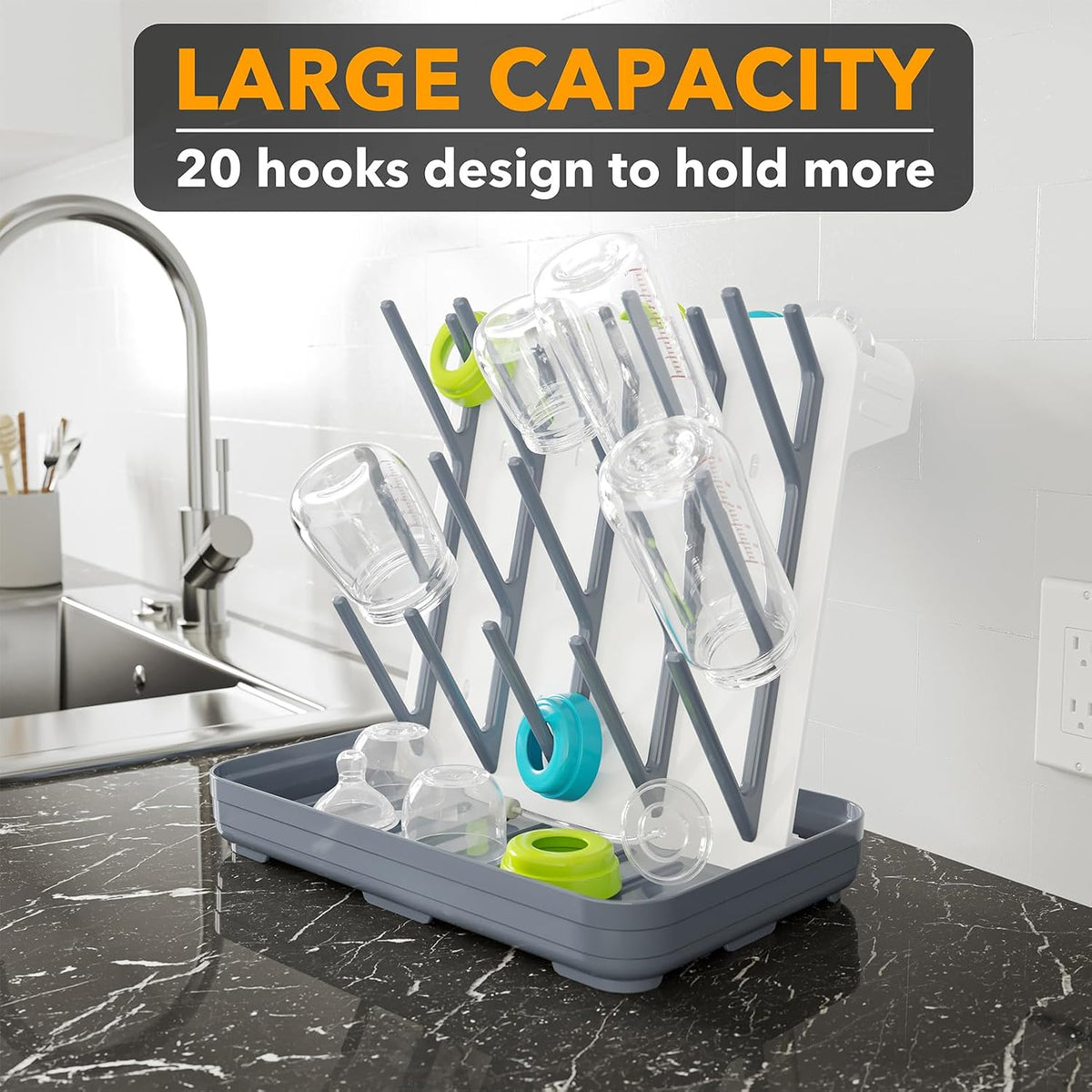 SpaceAid Baby Bottle Drying Rack with 20 Hooks, White and Gray