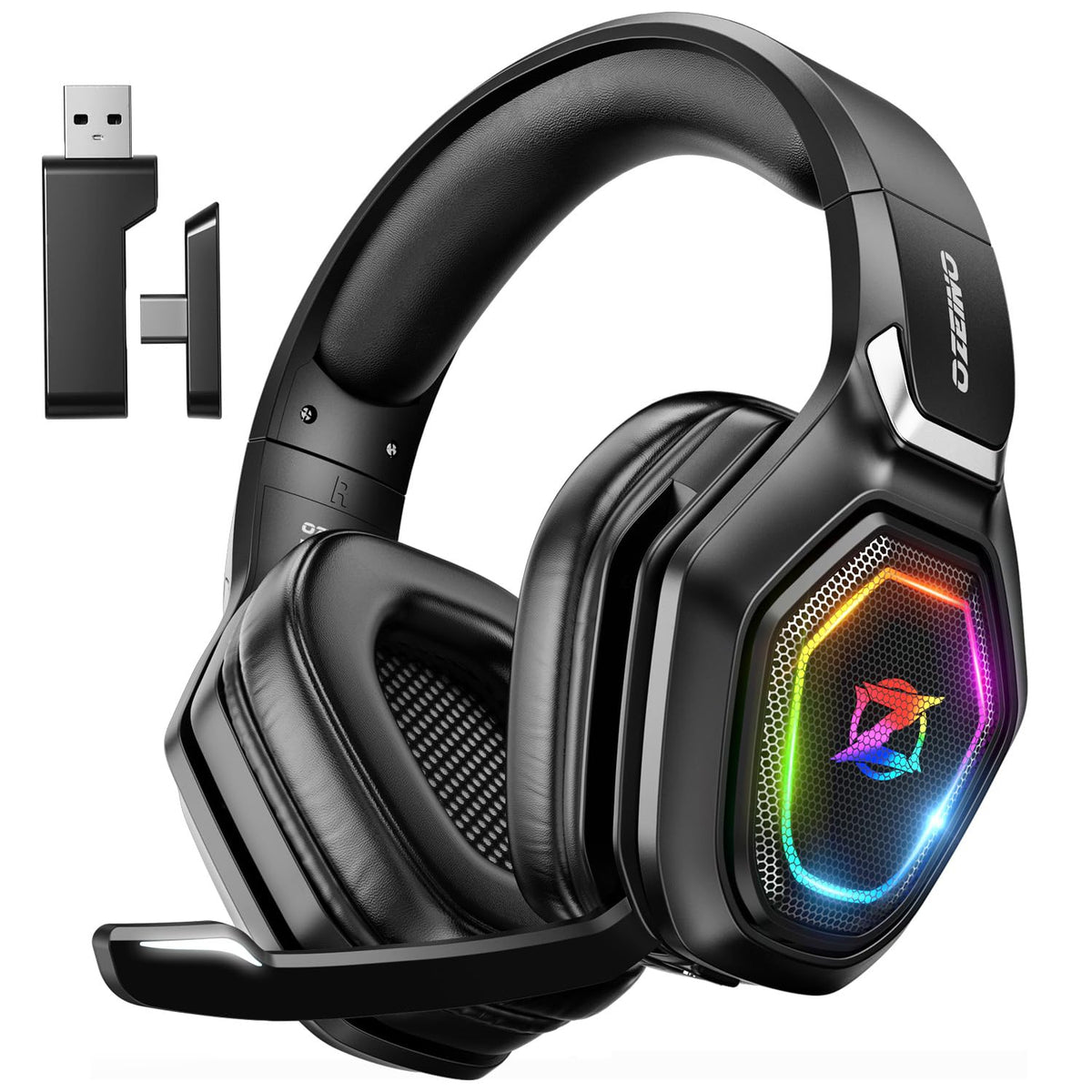 Ozeino Wireless Gaming Headset with Microphone, 2.4G & Type C Transmitter - 40h Battery Life - RGB Lighting Gaming Headphones for Ps5, Ps4, PC, Switch, Phone (Pink)