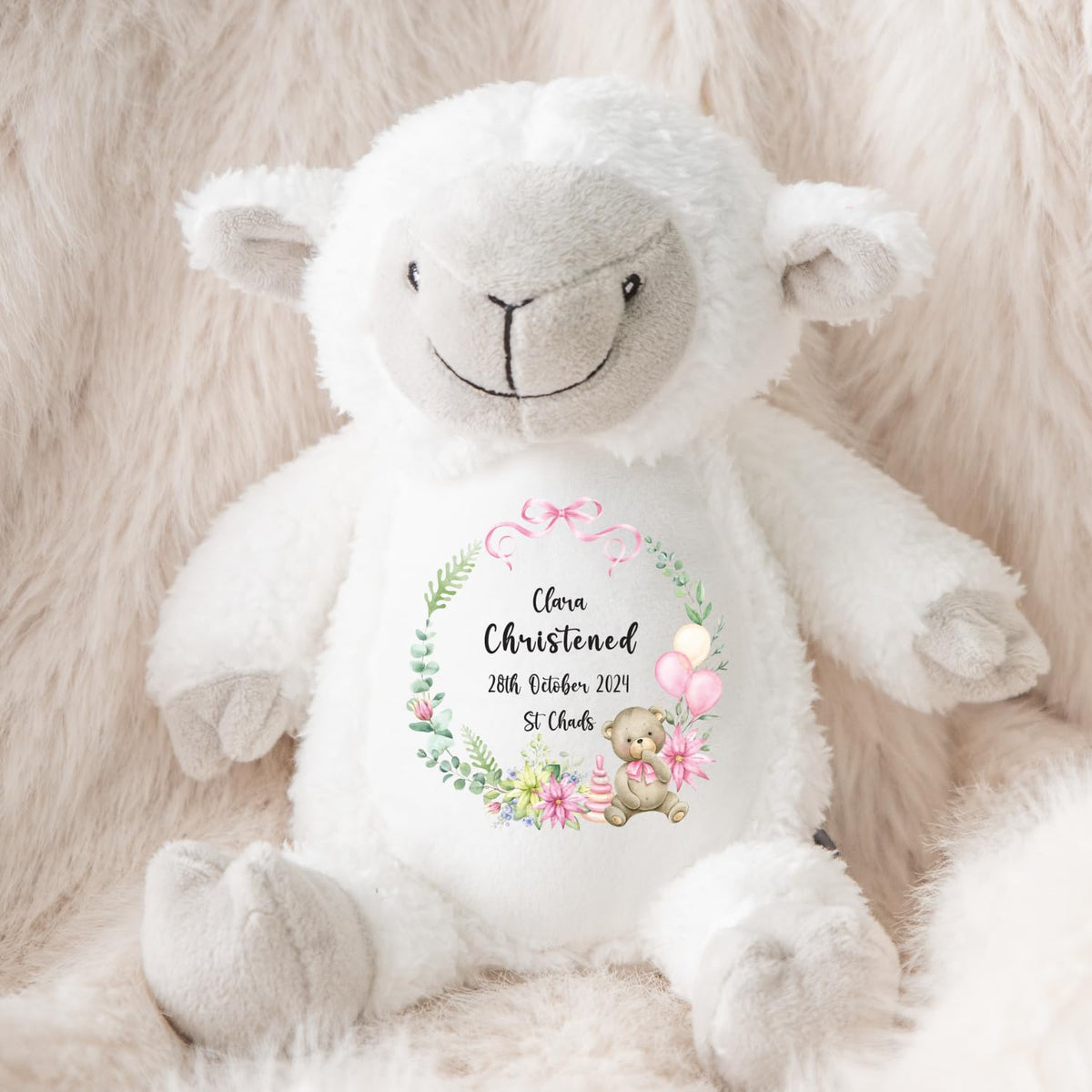 Crafted Memories - Personalised Bunny Rabbit | Custom Name & Date | Christening & Baptism Keepsake | Baby Girl & Boy | Soft Grey, White | Ideal 1st Birthday Present
