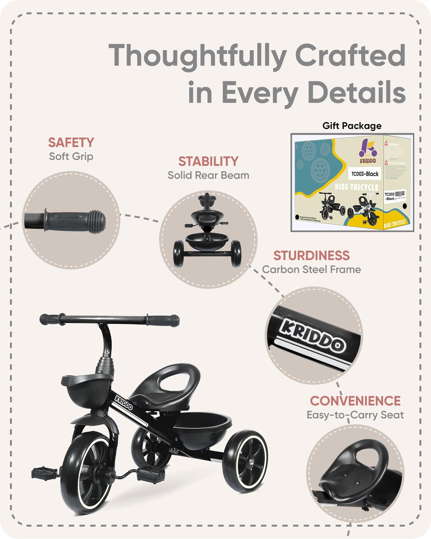 KRIDDO Toddler Tricycle — Anti-Tip Design, BPA-Free | Ages 18 Months to 4 Years | Pink