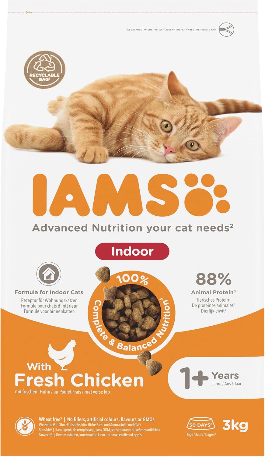 IAMS Indoor Complete Dry Cat Food Chicken 3kg - Litter Odour Control, Hairballs & Weight Management