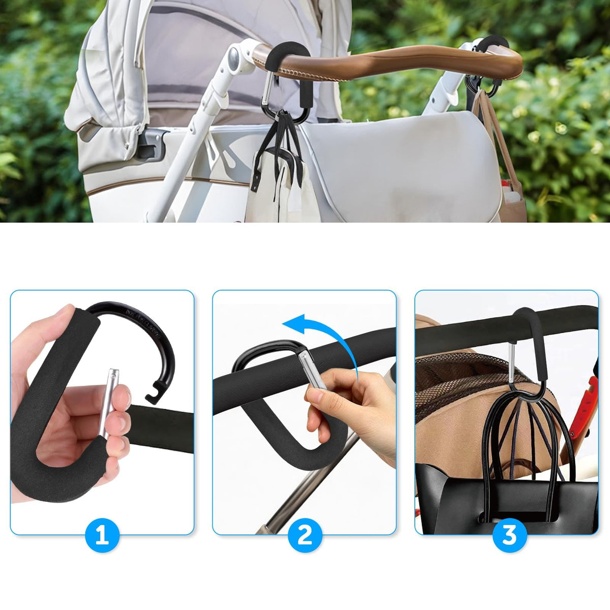 2pcs Buggy Clips for Changing Bag Handbag, Non-Slip PU Leather Pram Hook for Buggy Pram Rocker Stroller Pushchair Rollator Mobility Scooter Universal Accessories Baby Travel Essentials (Black）