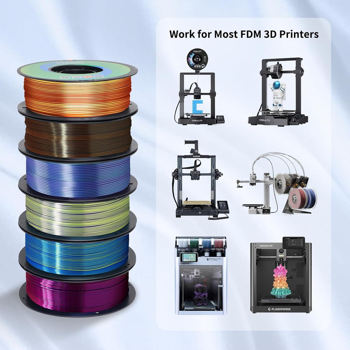 YOUSU 3D Printer Filament Bundle,Glow in The Dark Filament Multicolor,PLA Filament 1.75 mm,Green, Blue,Purple and Rainbow Accuracy +/- 0.03 mm,250g X 4 Pack