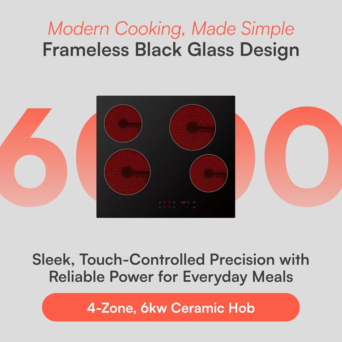 Cookology 60cm Electric Ceramic Hob - 4 Zone - 6000W - Touch Controls