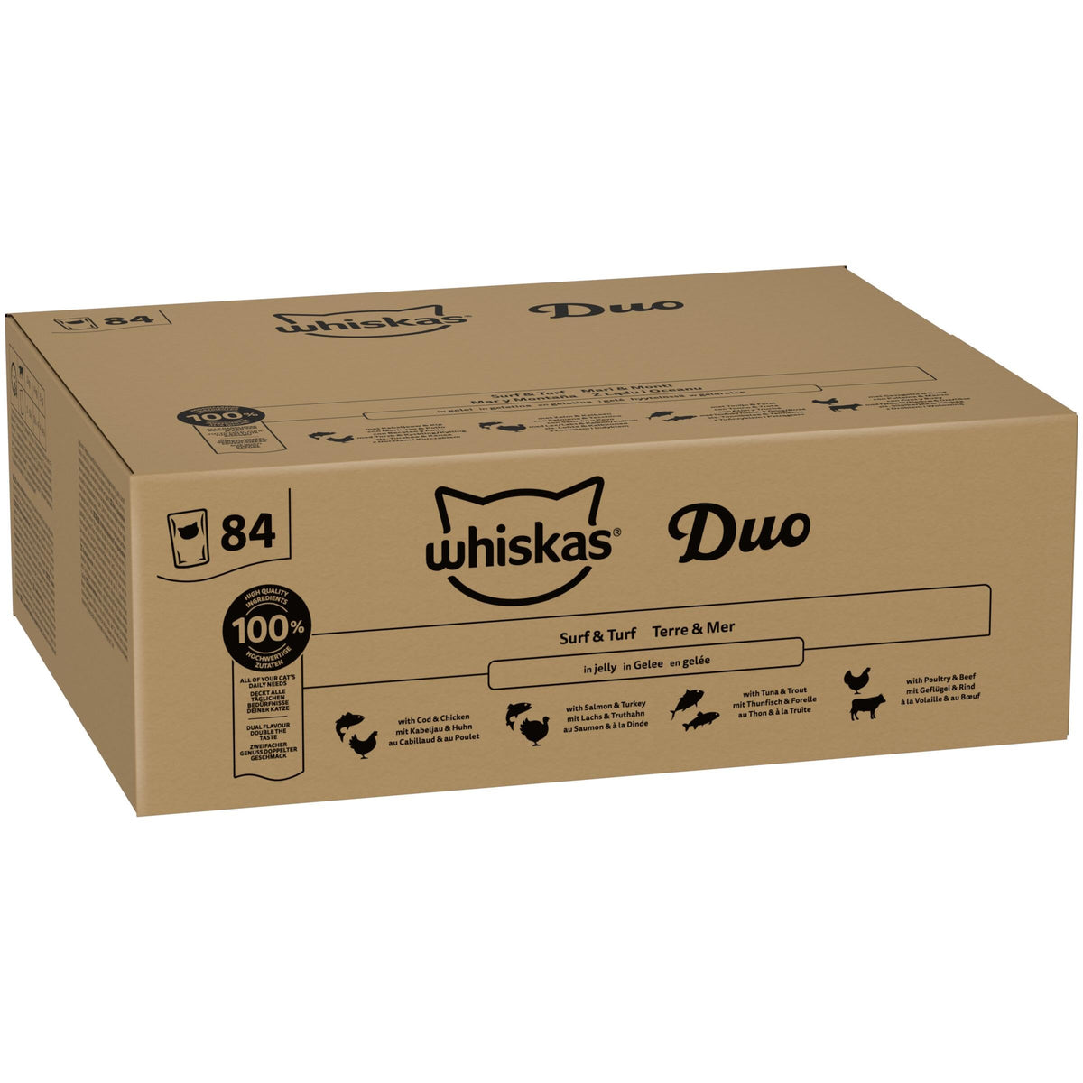 WHISKAS DUO Adult Wet Cat Food in Jelly 12x85g Surf & Turf (Pack of 4)