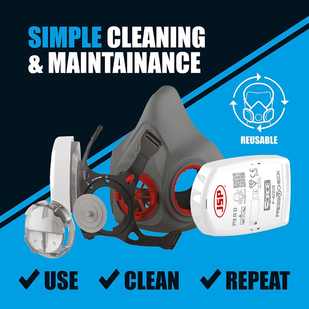 JSP FORCE 8 Half Mask Reusable Respirator with PressToCheck P3 Filters