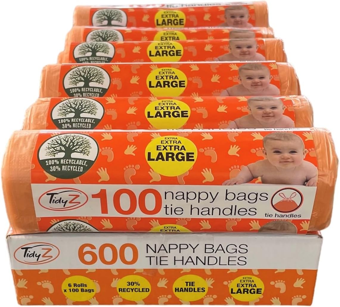 600 TidyZ Extra Large Disposable Nappy Bags. With Tie Handles. Made with a minimum of 30% Recycled Plastic. On a roll for Safety. Suitable for babies nappies, wipes, travel waste. 6 rolls of 100 bags