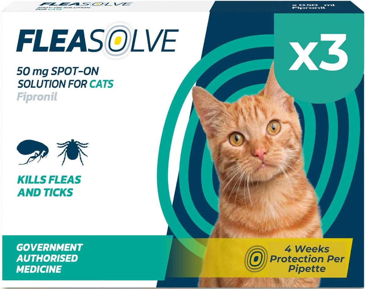 Cat Flea Treatment Spot On x 3 Pack - Flea Treatment Cat Spot On for Cats & Kittens Over 1kg - 3 Pipettes, 3 Doses - Fast-Acting FleaSolve Solution