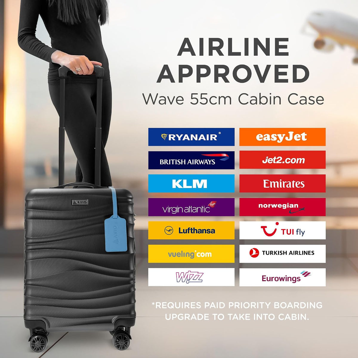 Avio Carry-On Cabin Luggage 55x40x20cm | Hard Shell Suitcase 4 Wheels