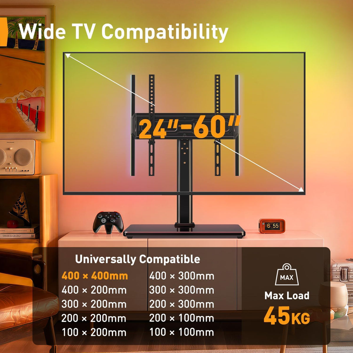 PERLEGEAR Universal TV Stand with LED Lights for 24-60 inch TVs up to 45kg