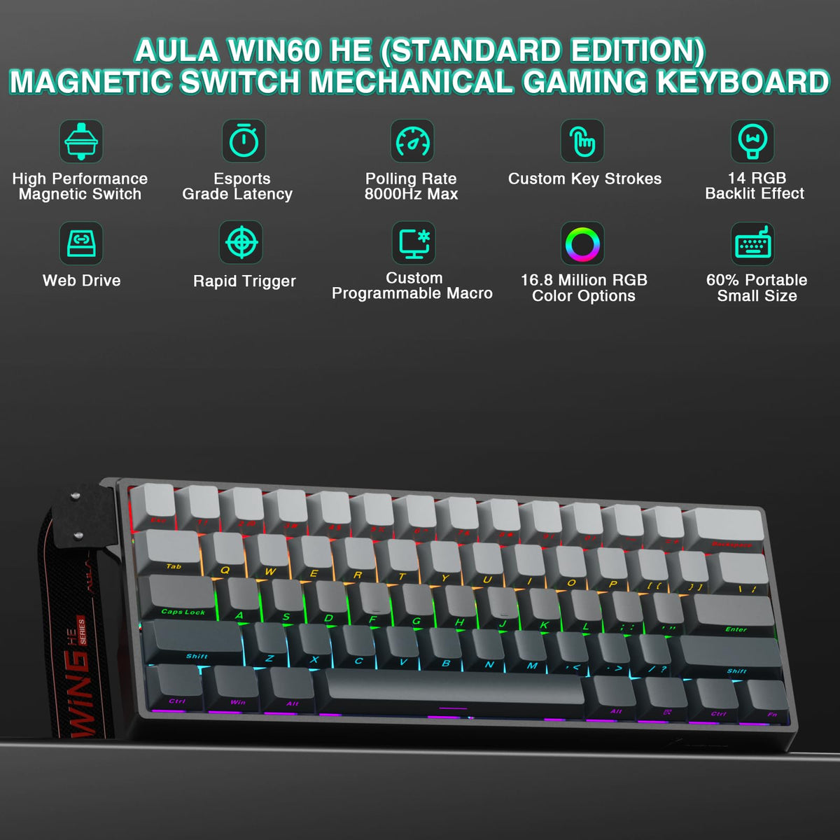 AULA WIN60 HE Mechanical Gaming Keyboard Wired,Hall Effect Magnetic Switches,Adjustable Actuation Rapid Trigger,8K Polling Rate,RGB Backlight,60% Percent Keyboard for Mac/Win (BLACK) (Pack of 2)