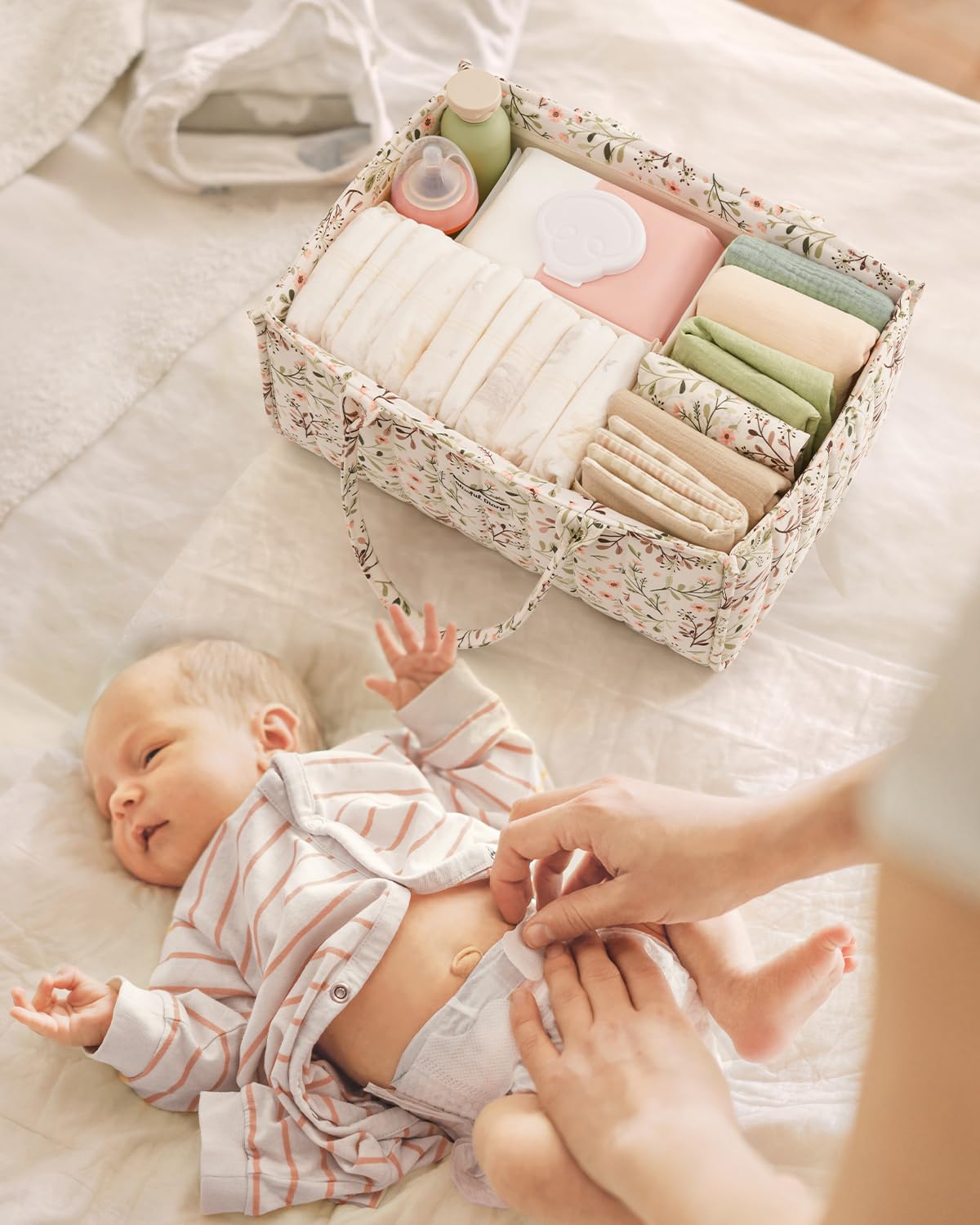 Blissful Diary Nappy Caddy Organiser, Baby Diaper Caddy for Nappy Station, Stylish Storage Basket for Newborn Essentials, Baby Shower Gifts for Girl or Boy, Woodland Cream