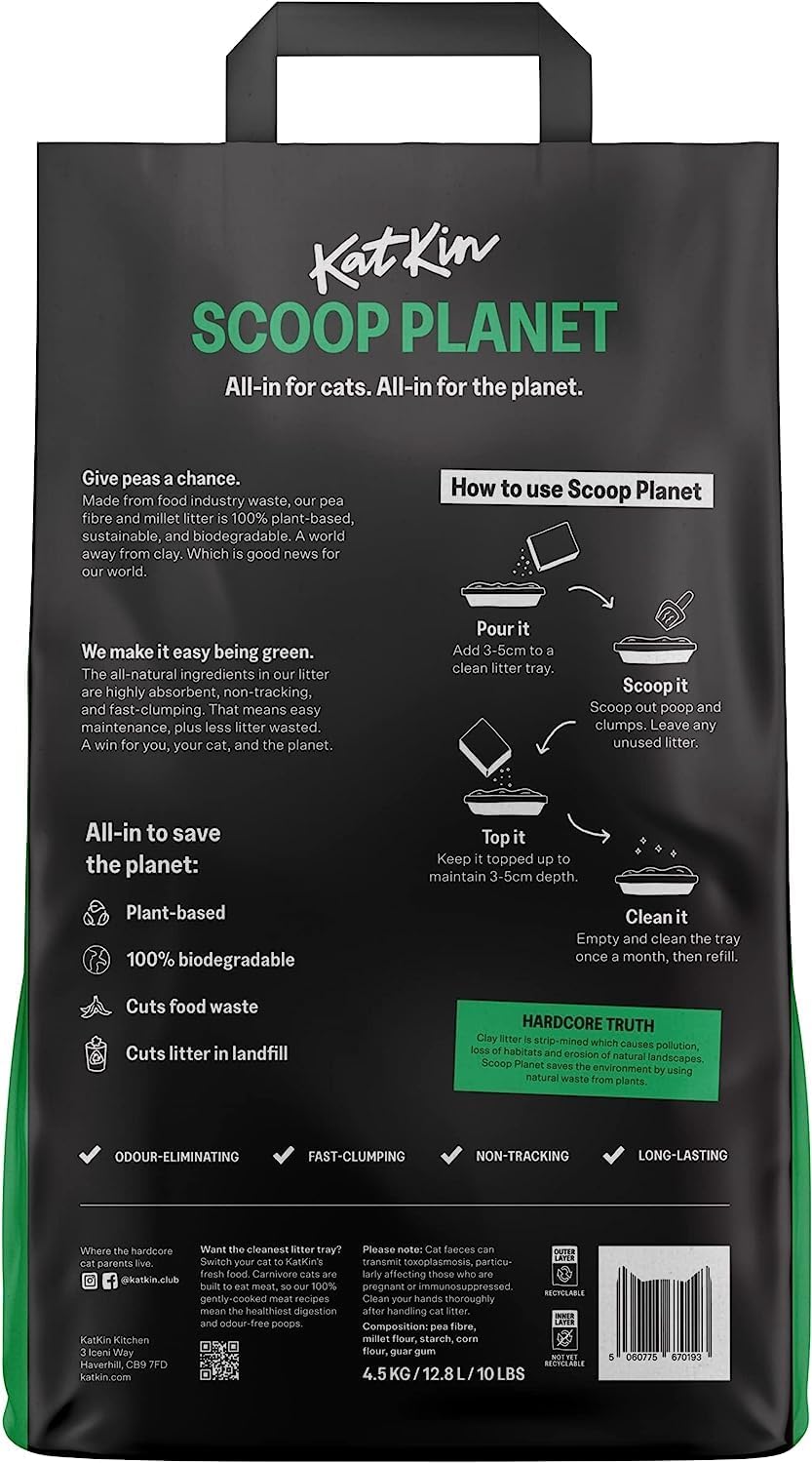 KatKin Scoop Planet Litter (1x4.5kg/12.8L bag): Plant-Based, 100% Biodegradable, Non-Tracking, Clumping Cat Litter Made With Non-Toxic, Eco-Friendly Pea fibre & Millet