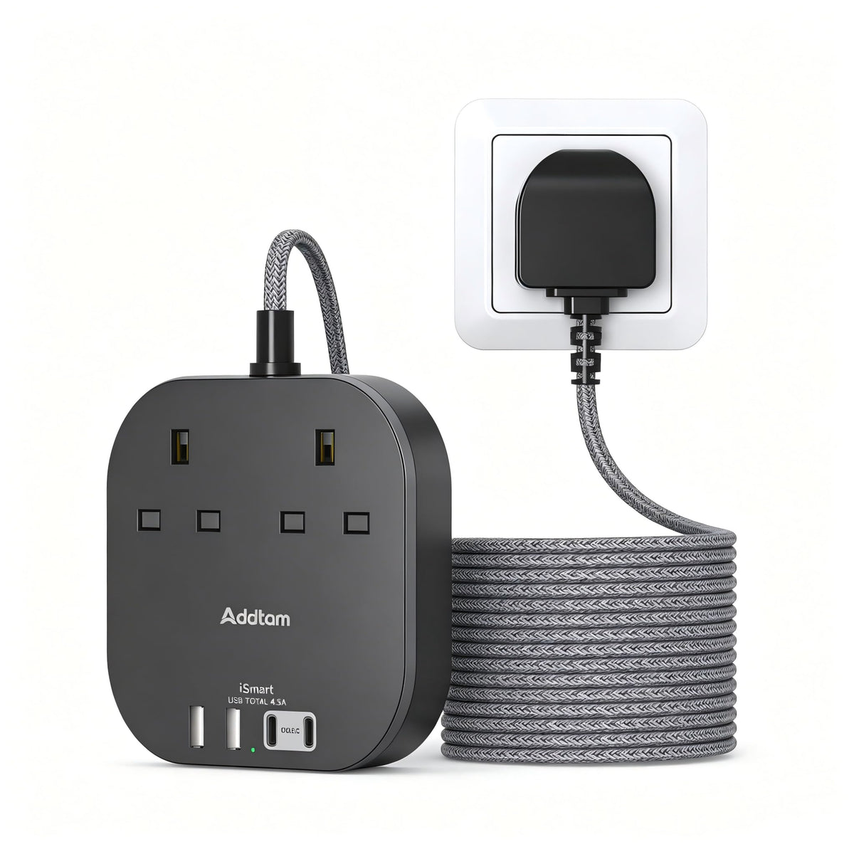 Addtam 3M Extension Lead with USB Slots, Power Strips with 2AC Outlets 4USB
