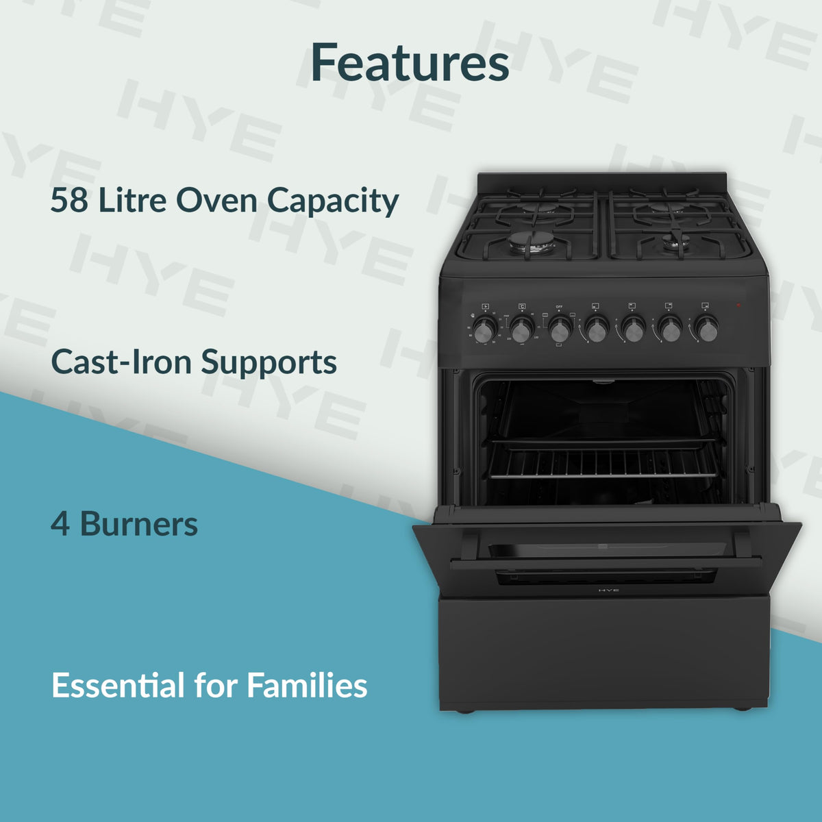 HYE Gas Cooker - 4 Gas Burners, 62L Electric Oven
