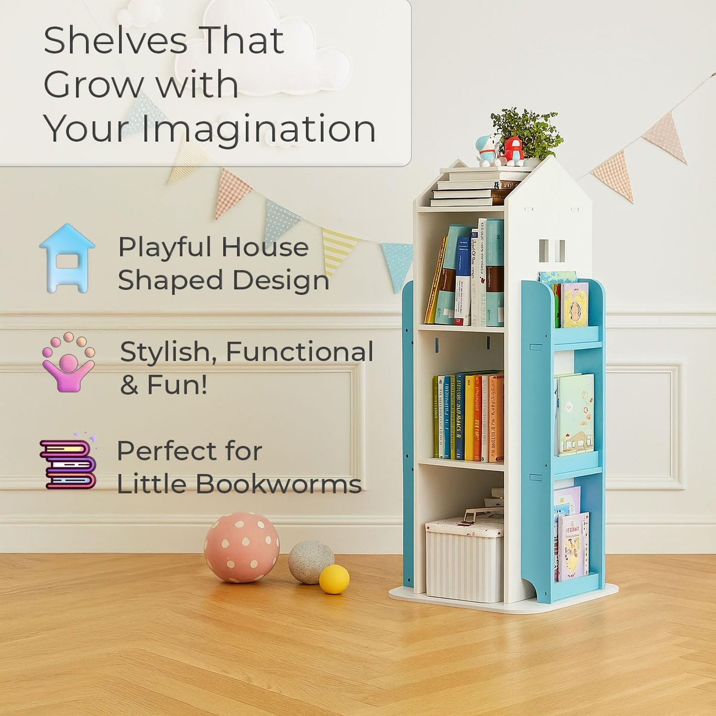 Neo House Shaped 360° Rotating Kids' Children's Freestanding Bookshelf Bookcase 10 Shelf Shelve Space‑Saving Design (White)