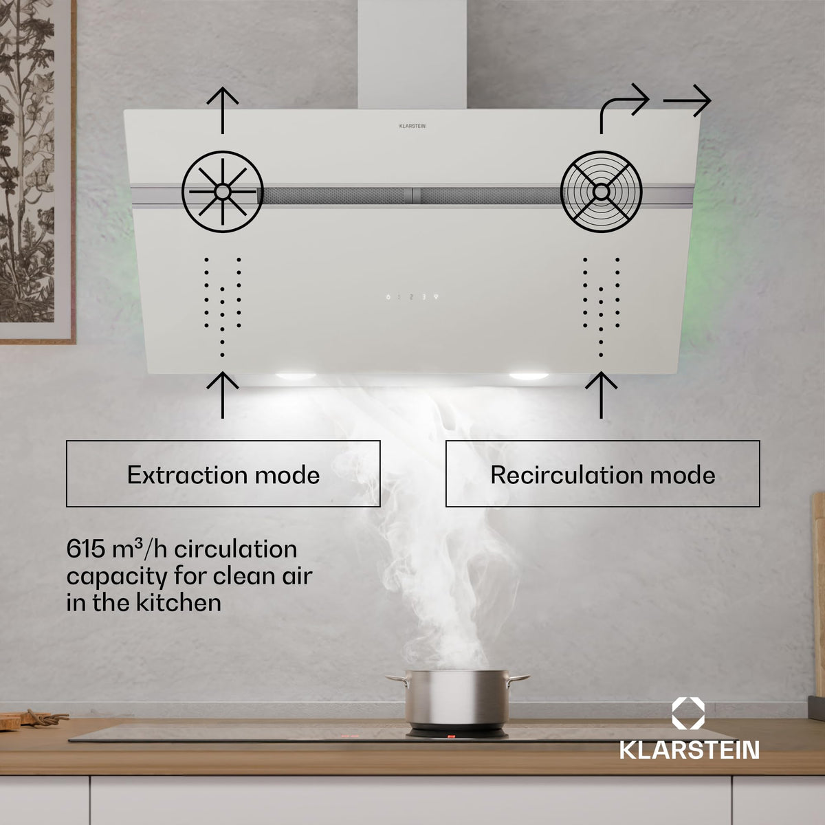Klarstein Alina 90 Angled Cooker Hood - 615m³/h Air Flow, Touch Panel, LED Backlighting, Quiet 63dB, Energy Class A, 90cm Extractor Hood, Black