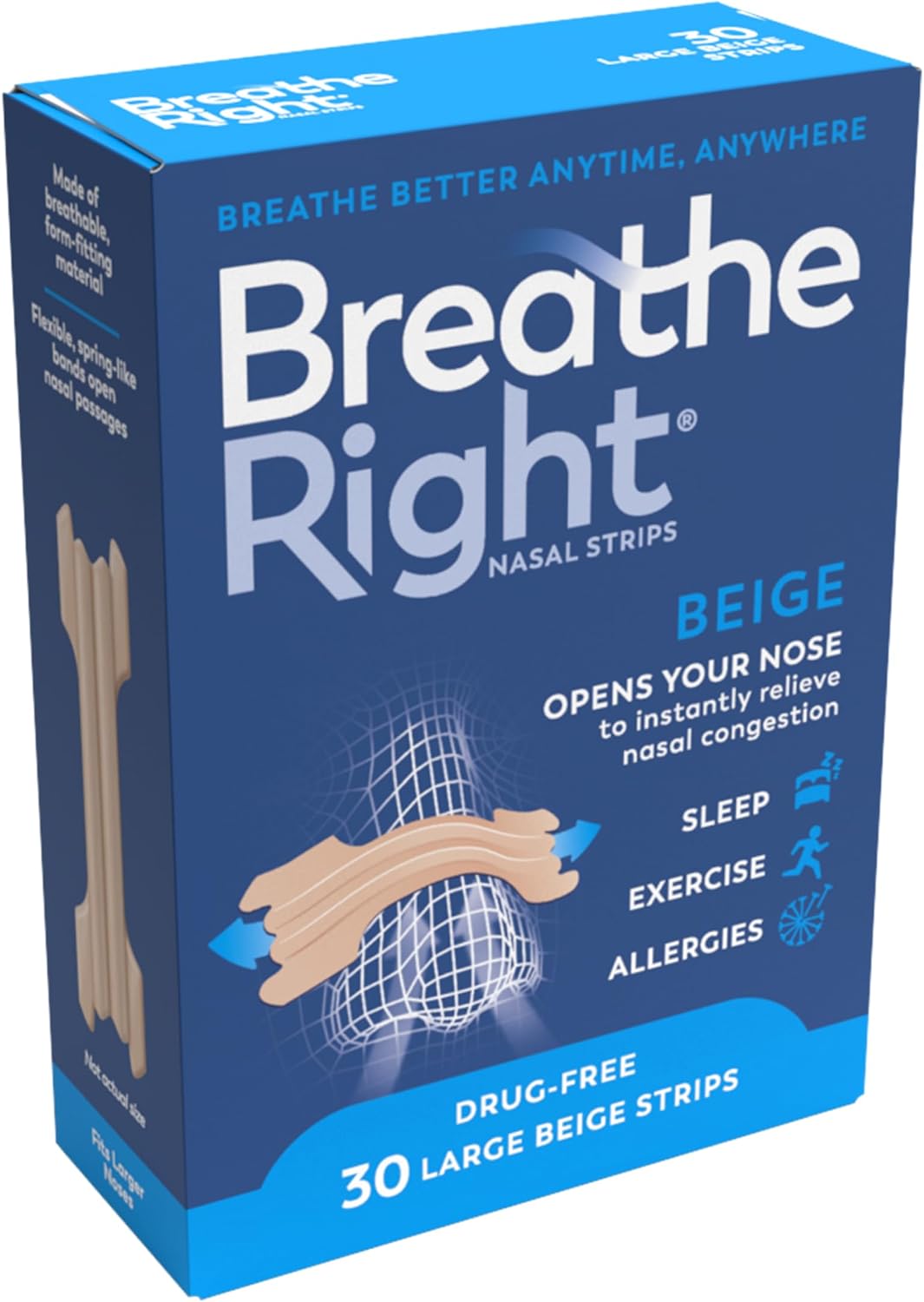 Breathe Right, Original Beige, Nasal Strips, Large, 30 Pieces