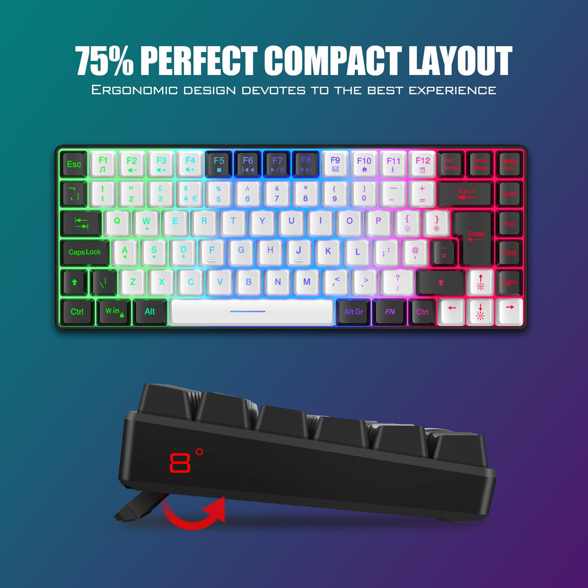 RedThunder K84 75% Wireless Gaming Keyboard and Mouse Rainbow Backlight UK Layout 85 Keys TKL Ultra Compact Mini Design Lightweight Honeycomb Gaming Mouse for PC Mac PS5 Xbox Office Gamers