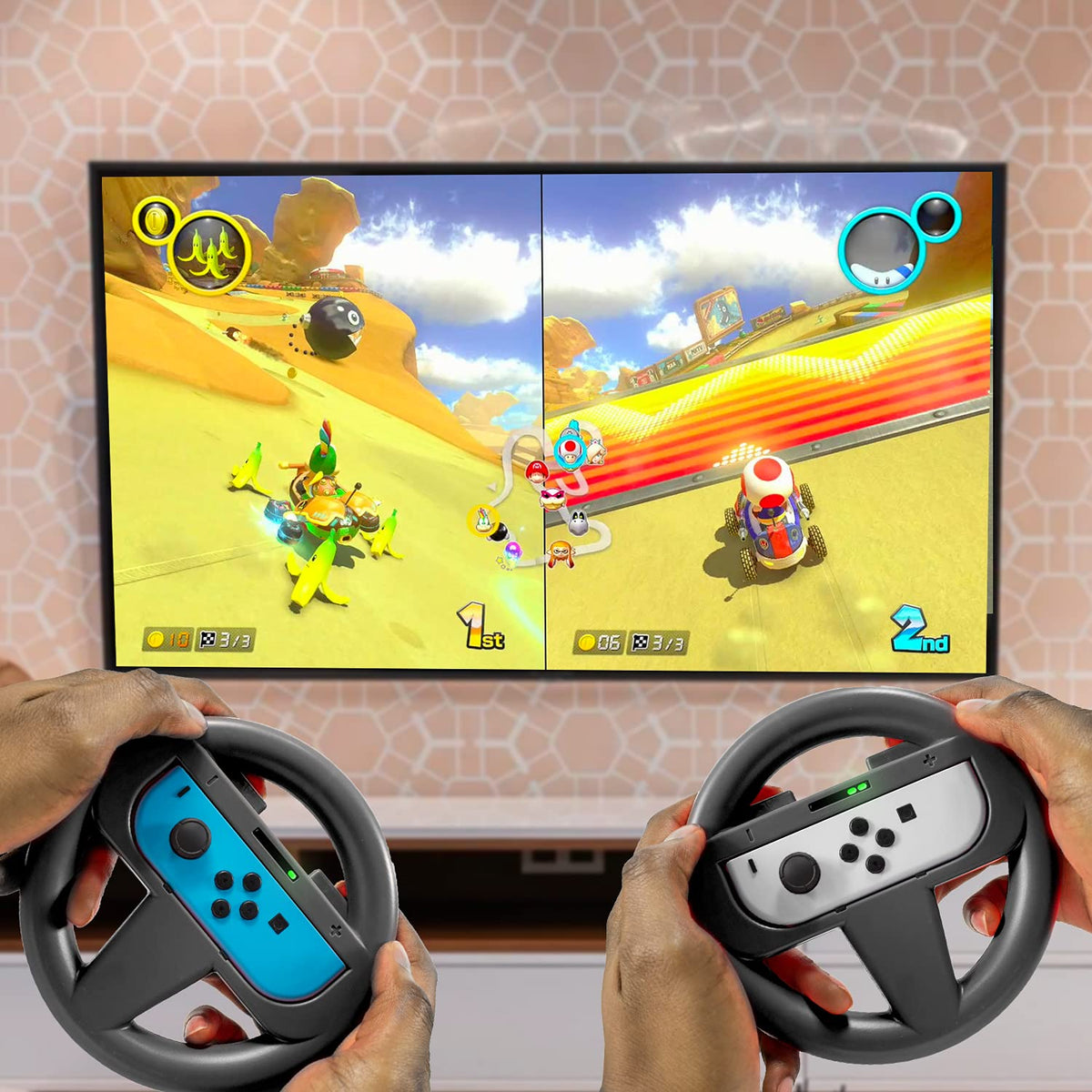 Orzly Racing Steering Wheels – Compatible with Switch 2 (2025 Console) – Party Pack of 4 Joy-Con Controller Attachments for Racing Games (2 Black, 1 Blue, 1 Red)