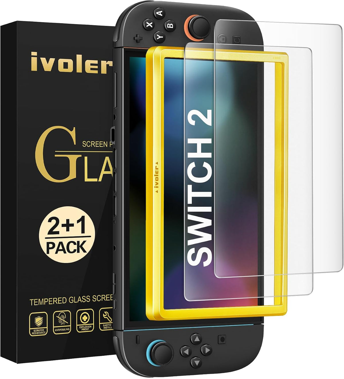 ivoler [4-Pack for Switch 2 Screen Protector with Alignment Frame Tool, 30-second installation- Bubble-Free Application - 9H Hardness -Tempered Glass Protection Film for Nintendo Switch 2 Model 2025