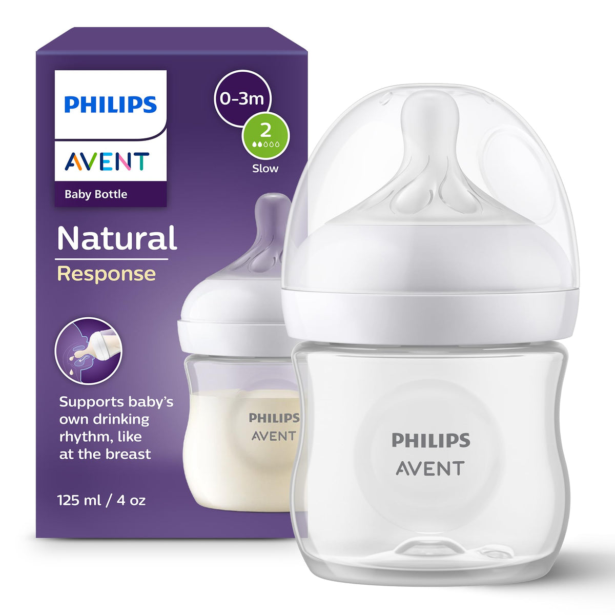 Philips Avent Natural Response Baby Bottle - 125ml Baby Milk Bottle for Newborns and Up, BPA Free, 0+ Months (Model SCY900/01)