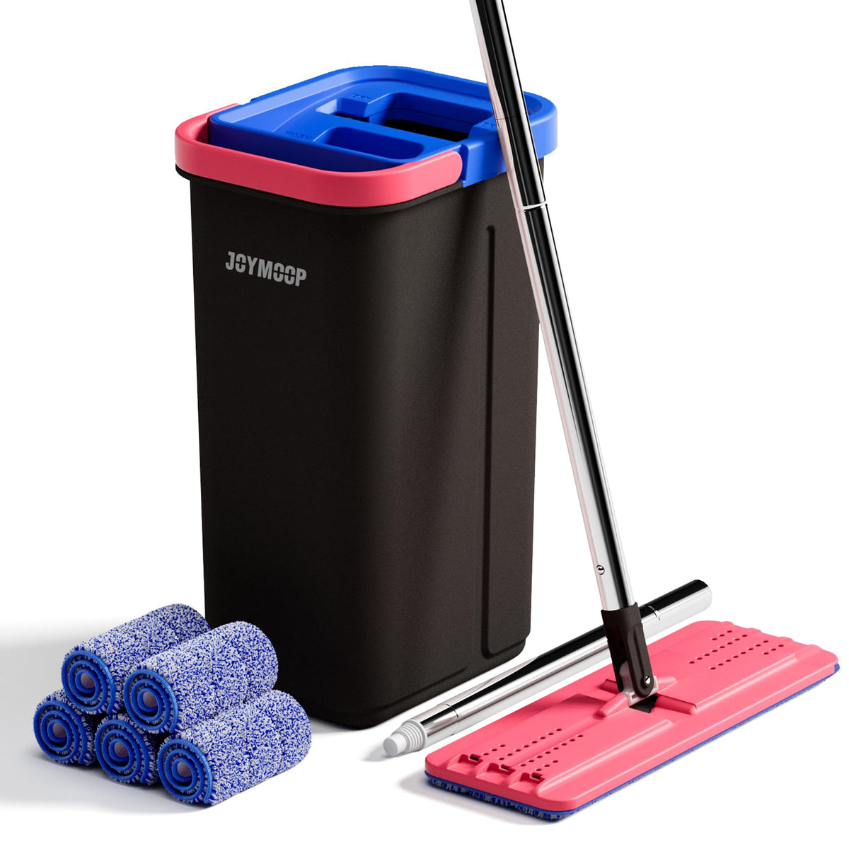 JOYMOOP Mop and Bucket with Wringer Set, Hands Free Flat Floor Mop and Bucket, with 3 Washable Microfiber Pads, Wet and Dry Use, Floor Cleaning System